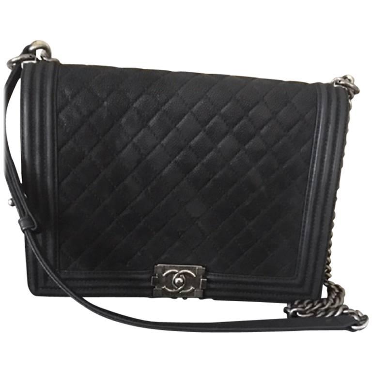 Chanel Large Boy Bag in Quilted Caviar SUEDE Leather  For Sale