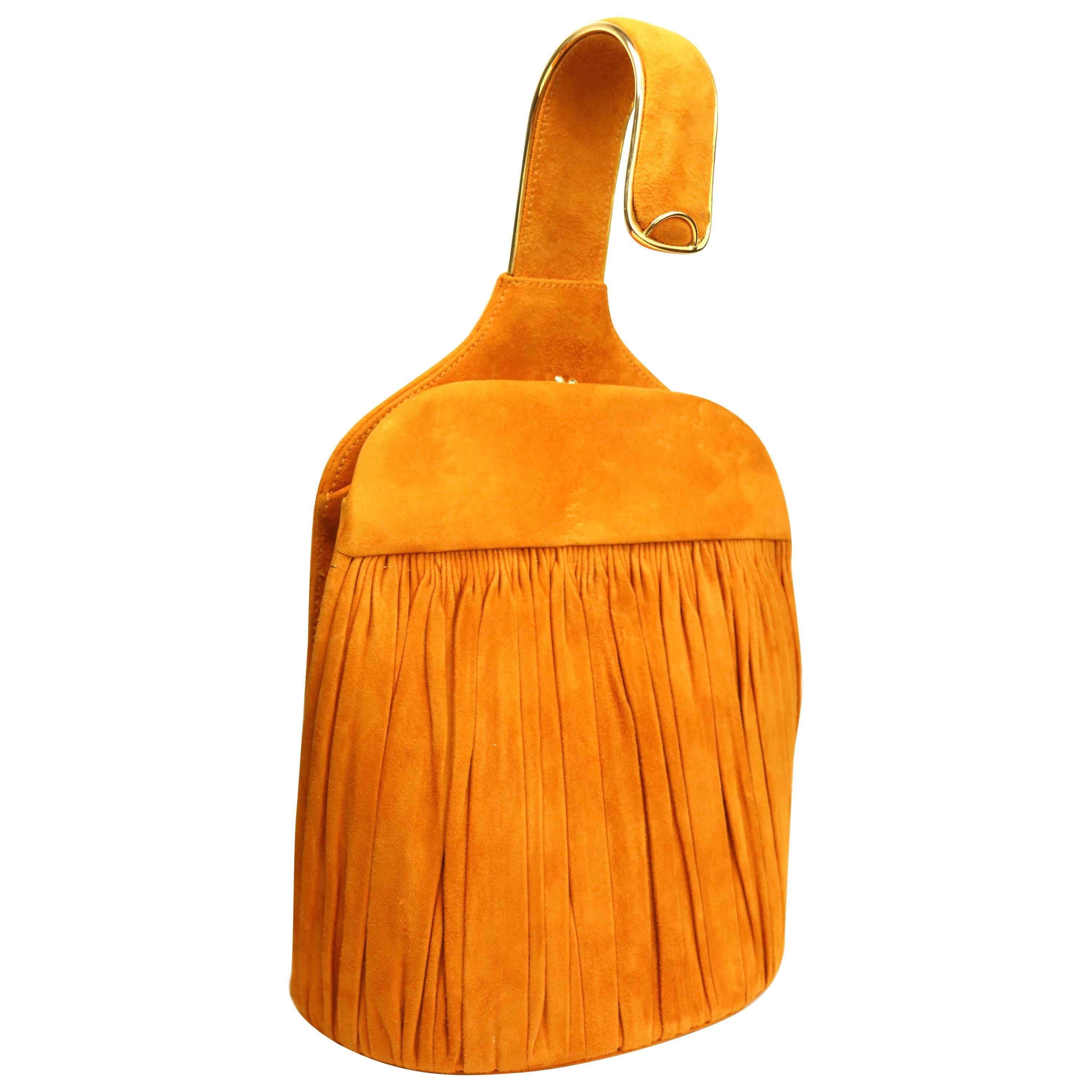 Unique 80s Andrea Pfister Orange Yellow Suede Handbag For Sale