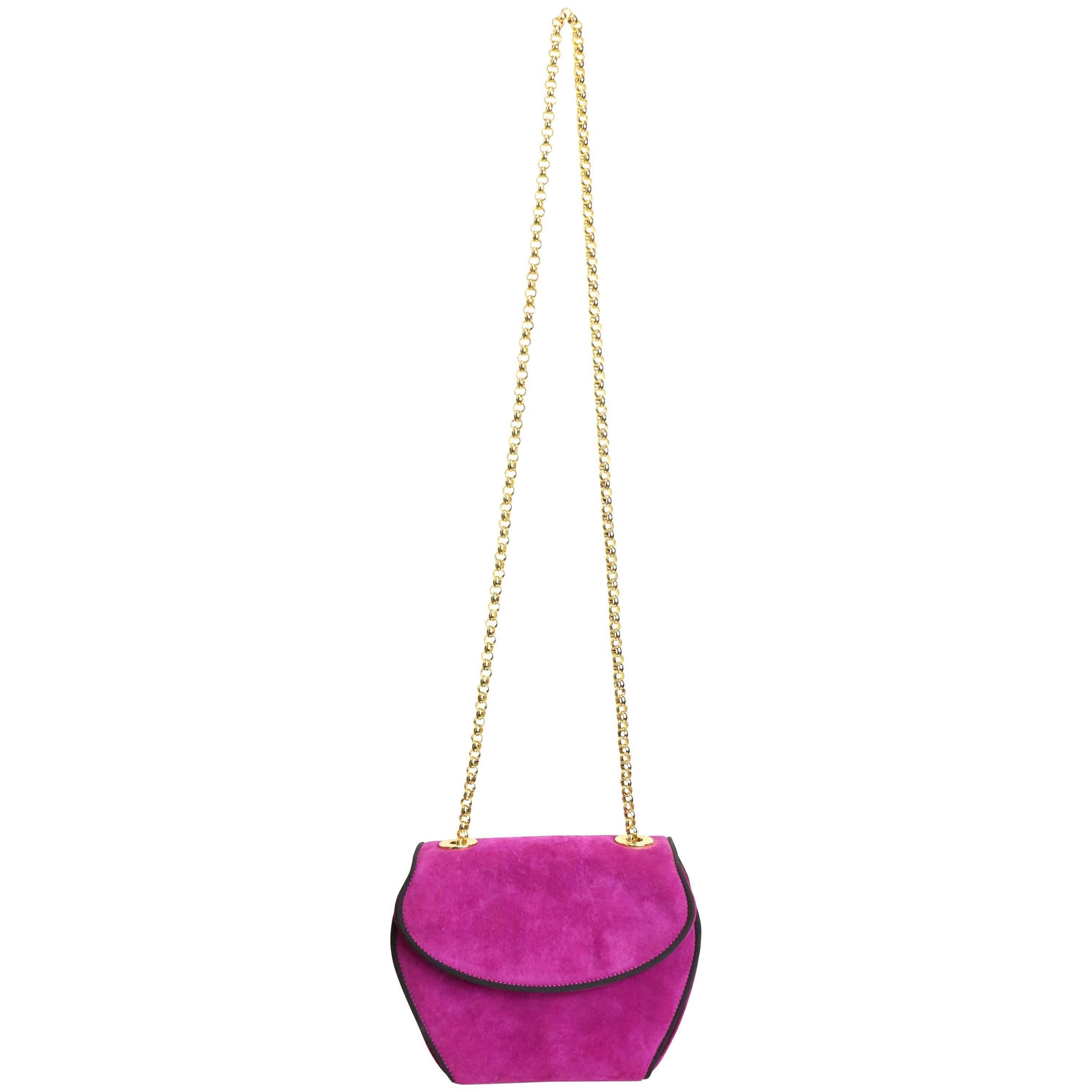 Unused 80s Escada Pink Suede with Black Piping Trim Gold Chain Shoulder Bag  For Sale at 1stDibs