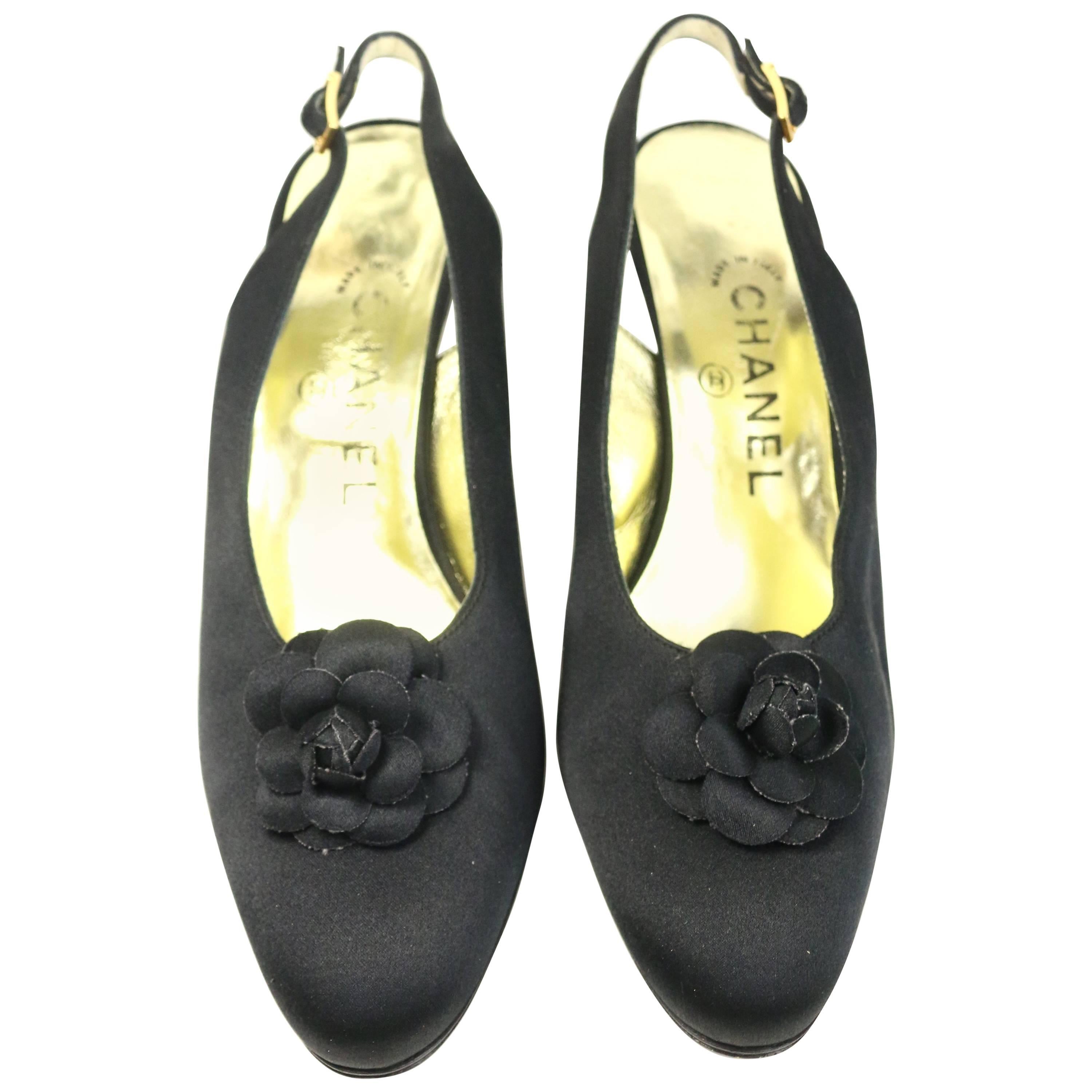 Chanel Black Silk Camellia Slingback Heels 