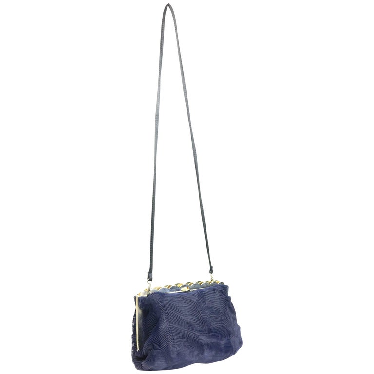 Desmo Dark Navy Pleated Wave Pattern Clutch/Shoulder Bag For Sale at