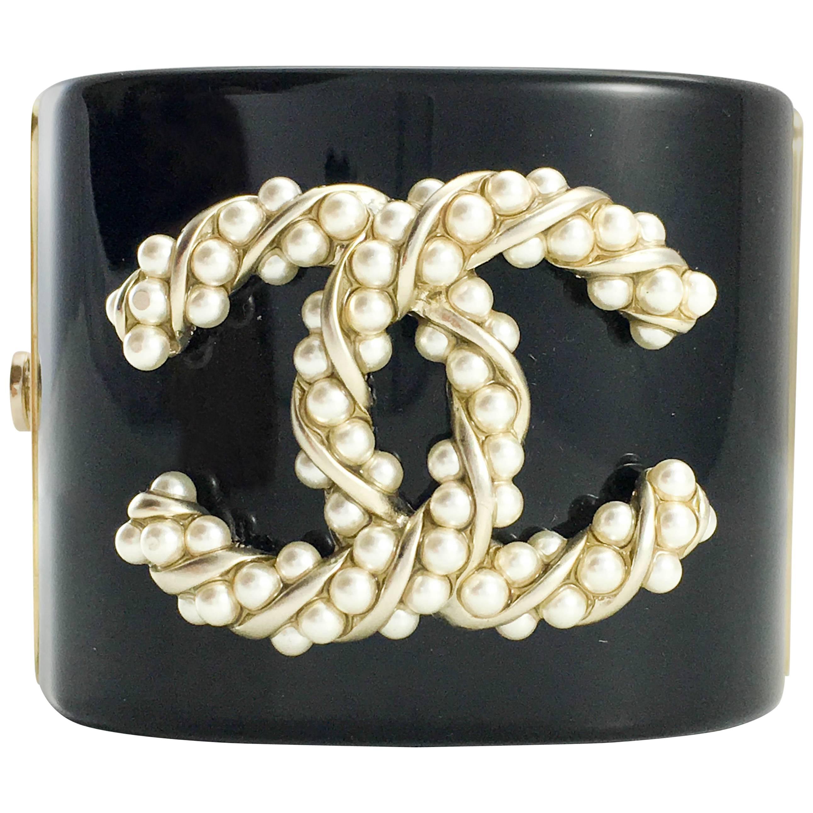 2015 Chanel Baroque-Esque Pearl Logo Cuff Bracelet