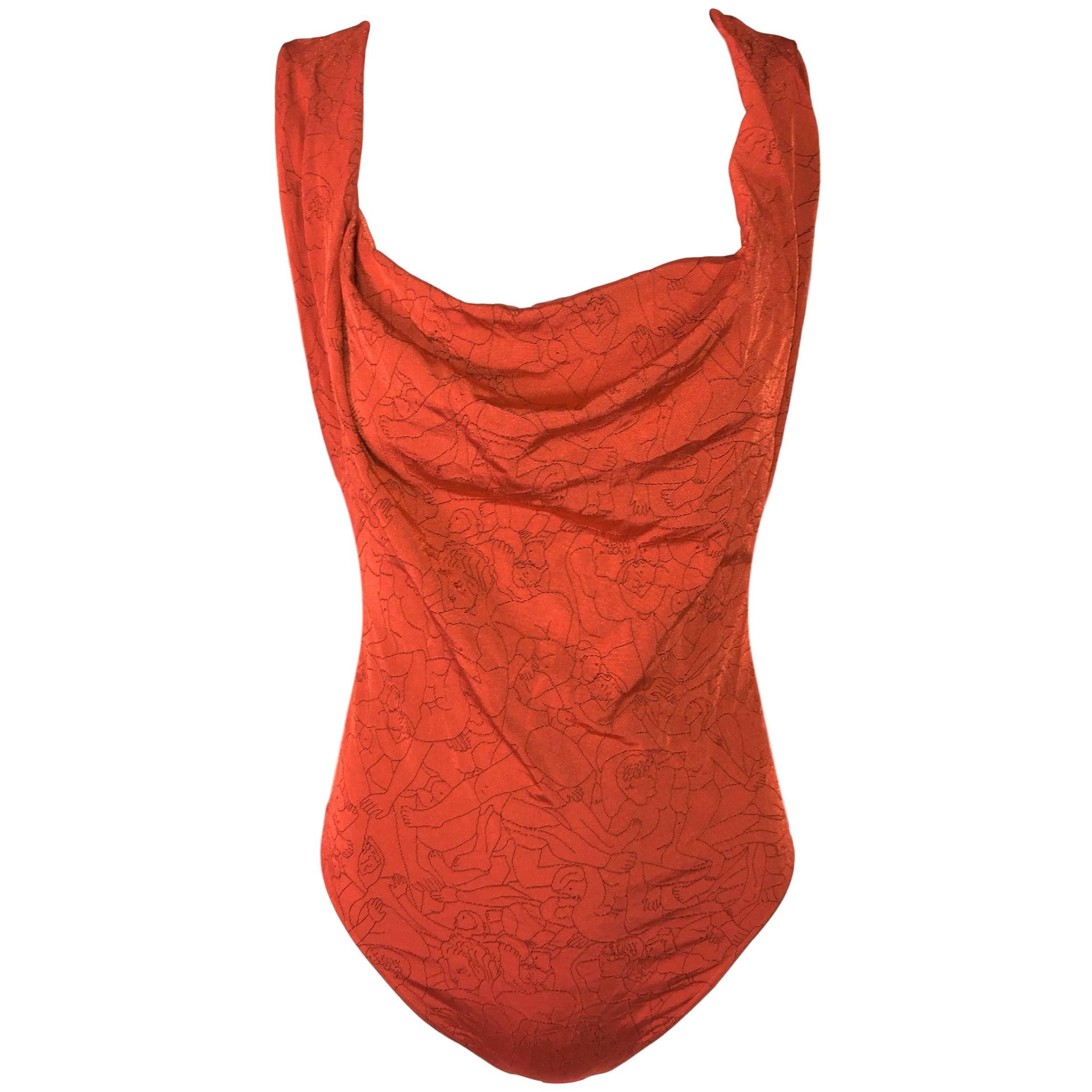2004 Vivienne Westwood x Wolford Orgie Print Orange Bodysuit Top