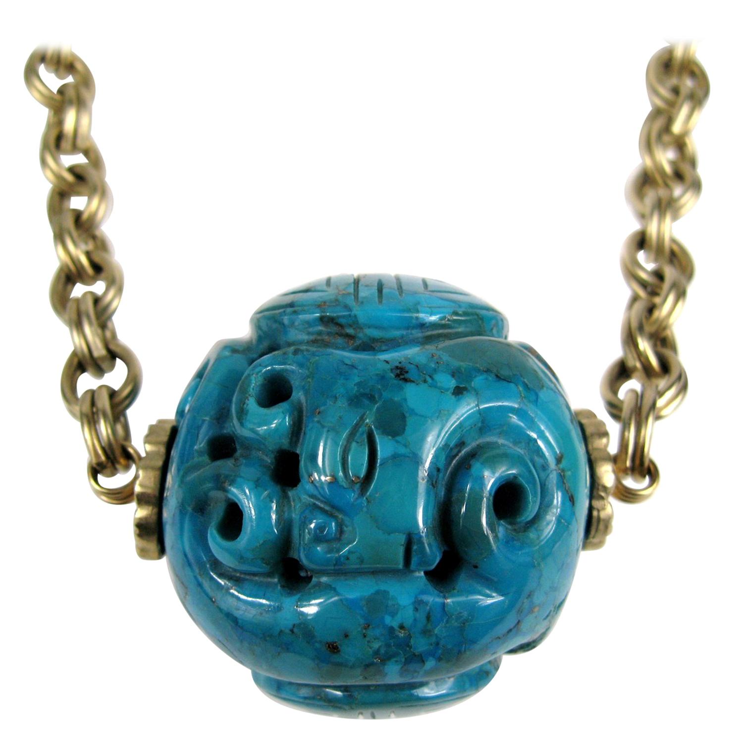  Stephen Dweck Carved 2+" Turquoise Necklace New, Never Worn 1990s For Sale