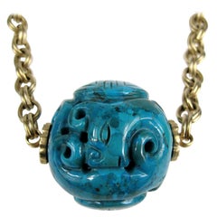 Stephen Dweck Carved 2+" Turquoise Necklace New, Never Worn 1990s