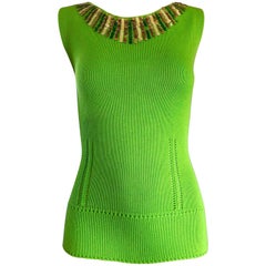 1990s Bergdorf Goodman 1960s Style Lime Neon Green Sequin Knit Sweater Shell Top