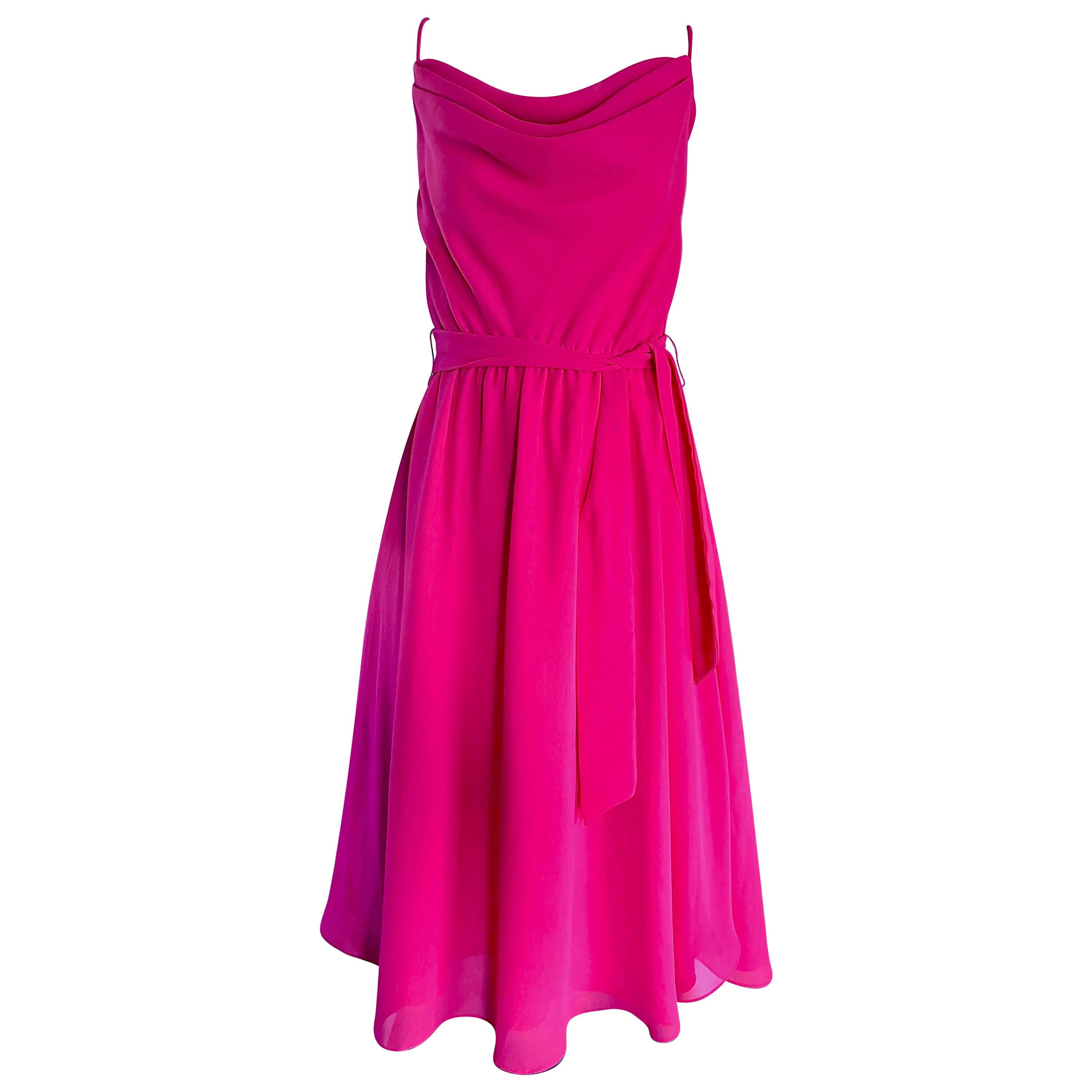 1970s Phillipe Jodur for Ferrali Hot Pink Crepe Sleeveless Belted Disco Dress For Sale