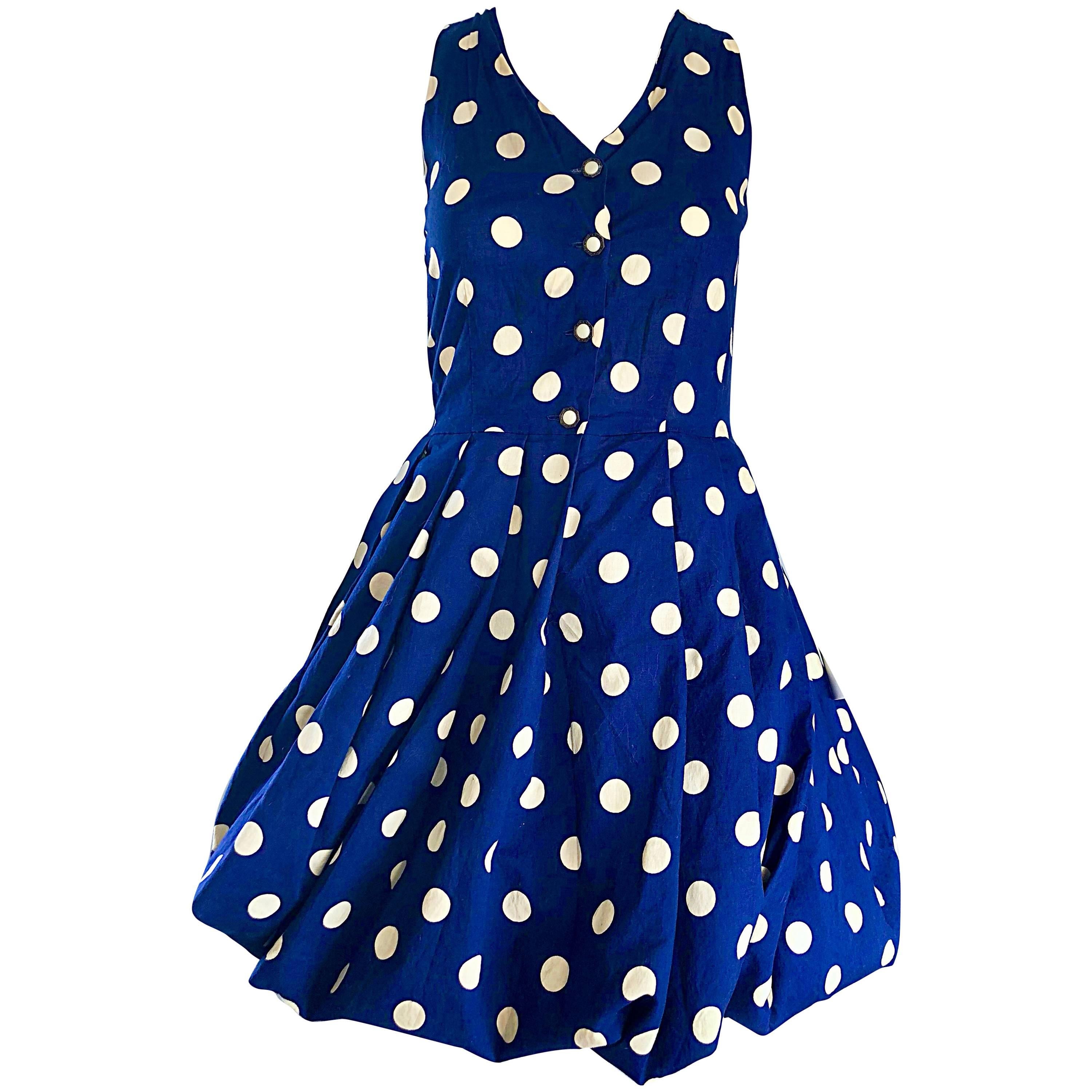 1990s Sergio Tegon Navy Blue and White Italian Cotton 90s Vintage Bubble Dress For Sale