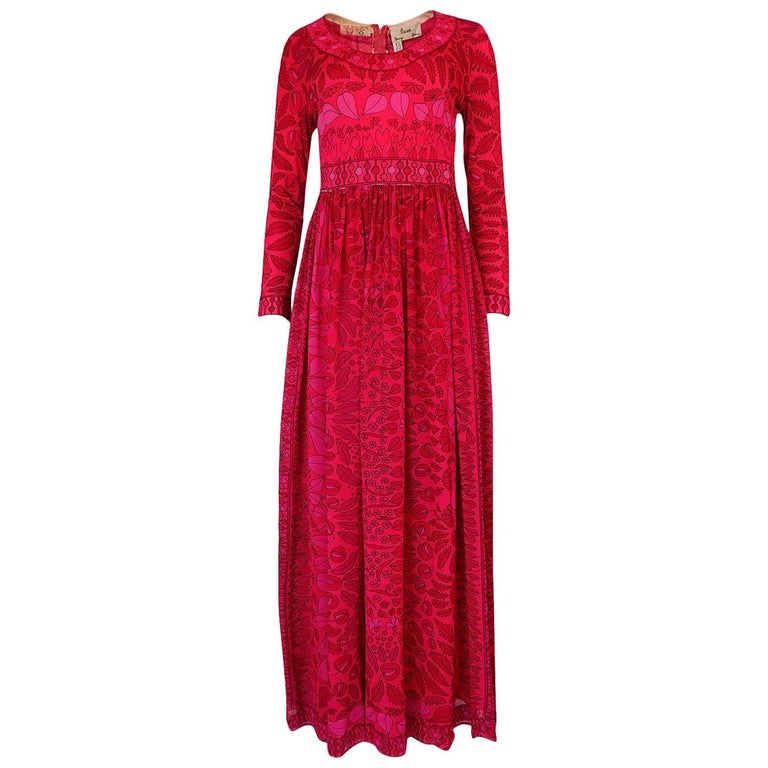 1960s Bessi Silk Jersey and Silk Chiffon Pink and Red Print Dress For