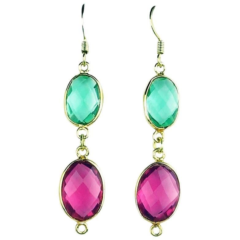 Pink and Green Quartz Gold Plated Hook Earrings