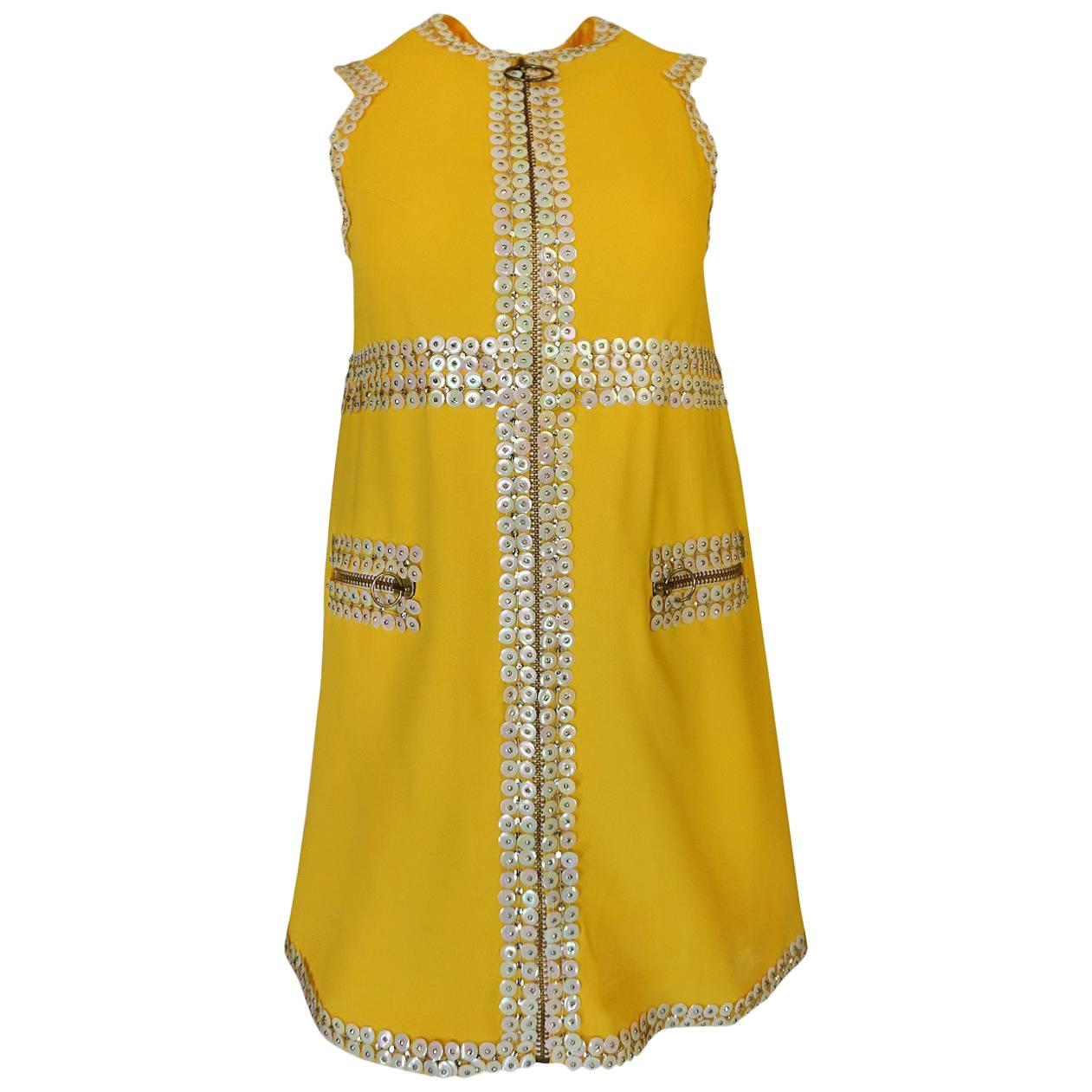 Chloe by Karl Lagerfeld Stud and Paillettes Yellow Mini Dress circa 1967