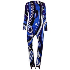 1970s Emilio Pucci Blue Print Velvet Stretch Catsuit with Stirrups