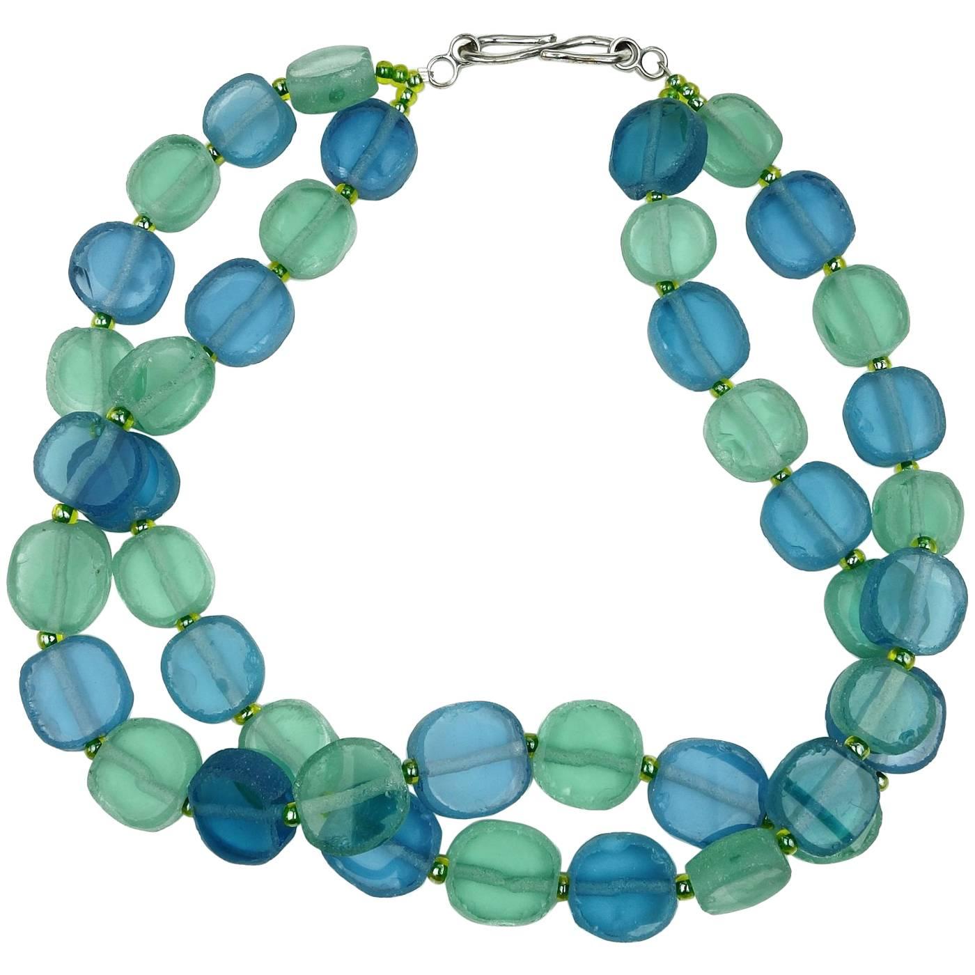 Double Strand Necklace of Blue and Green Sea Glass