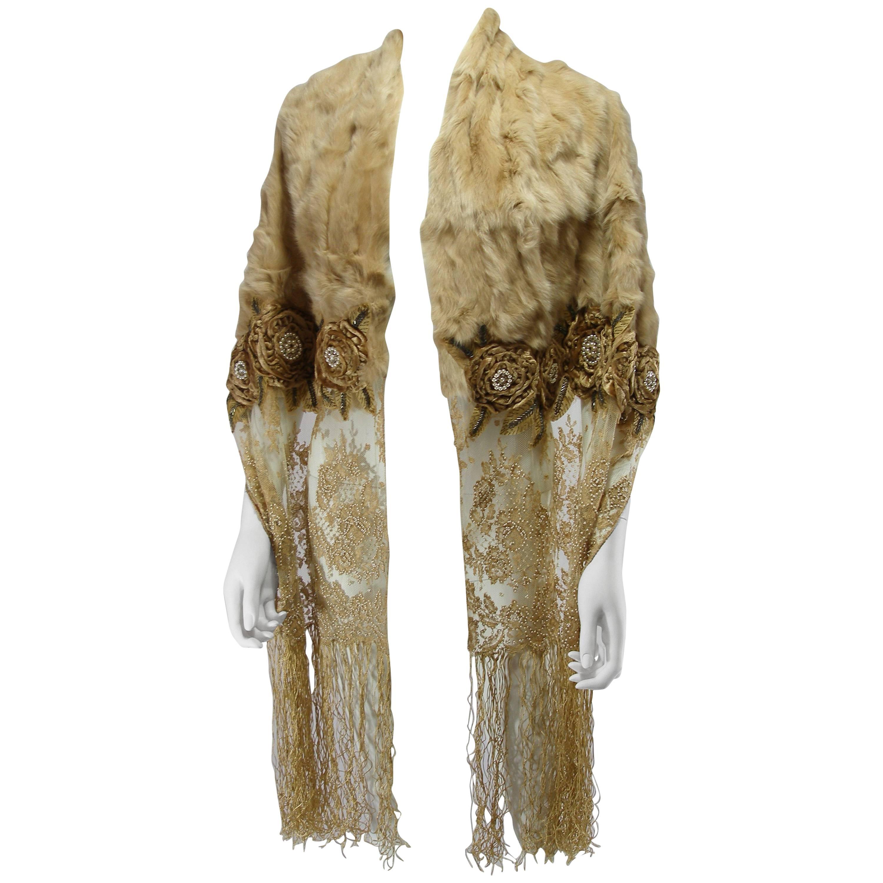 Stunning Limited Edition Valentino Jewel Embellished Lace and Rabbit fur Scarf 