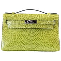 Pochette Hermes Kelly Vert Anis Rare Lizard Palladium Hardware