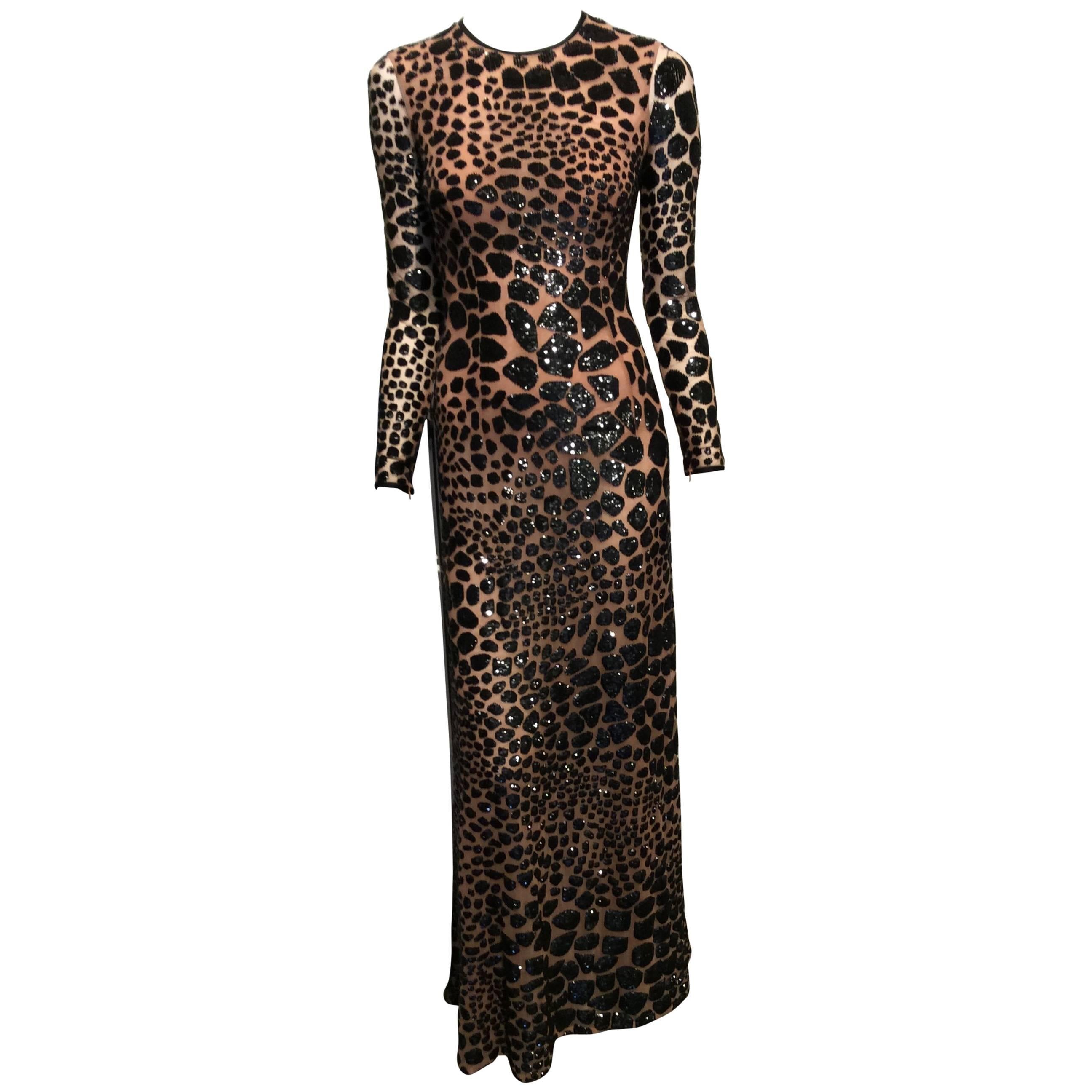 Michael Kors Nude Gown With Black Sequins Leopard Embroidery Sz2 For Sale