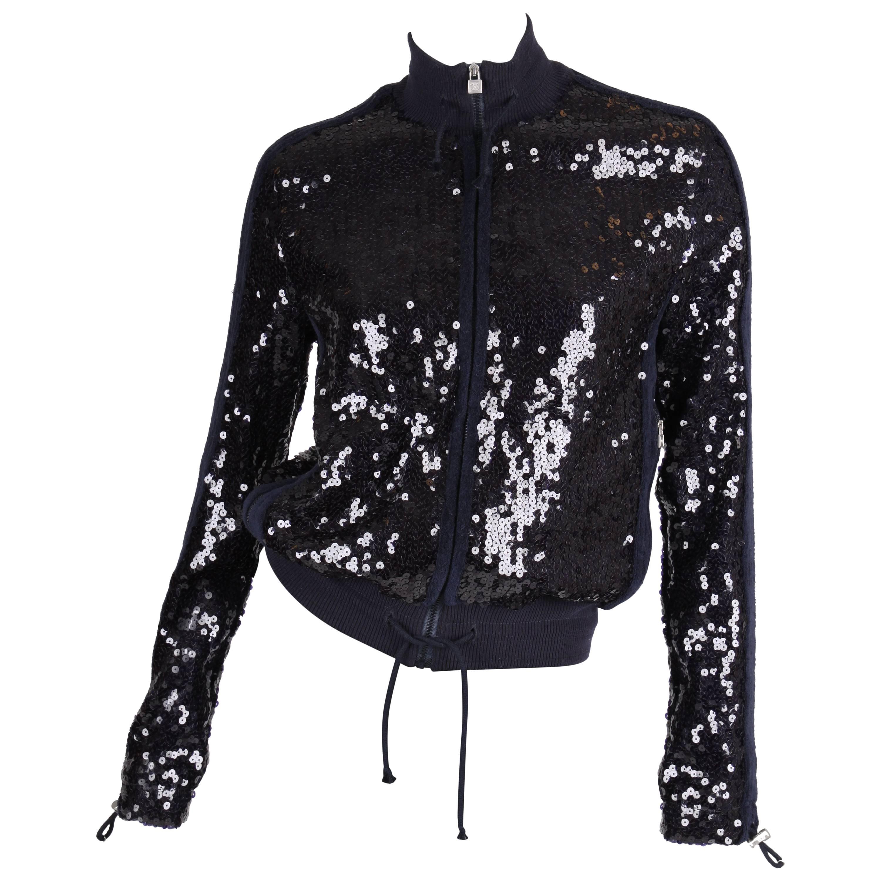 Chanel Sports Line Sequin Bomber Jacket - dark blue For Sale