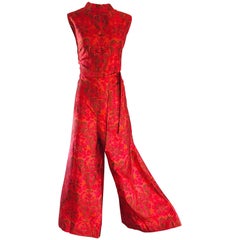 Amazing 1960s Wide Leg Palazzo Hot Pink + Orange Silk Retro 60s Jumpsuit 