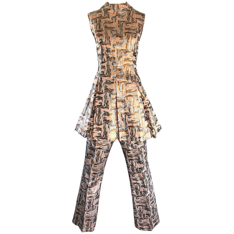 Fabulous 1960s Silver & White Brocade Tunic & Pant Set w Beaded Front Cut Out