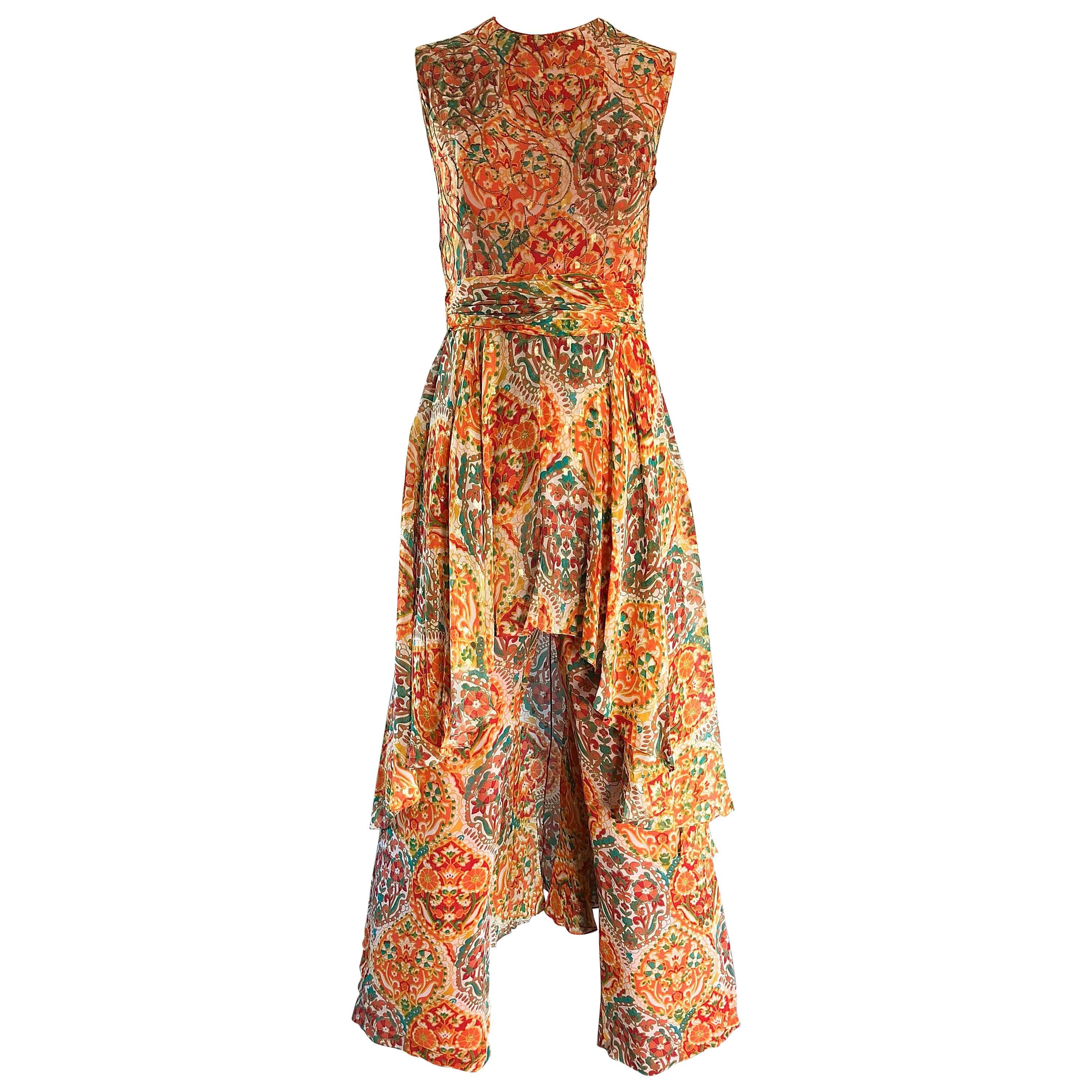 1970s Oscar de la Renta Silk Boho Batik Print Vintage Jumpsuit Attached Skirt