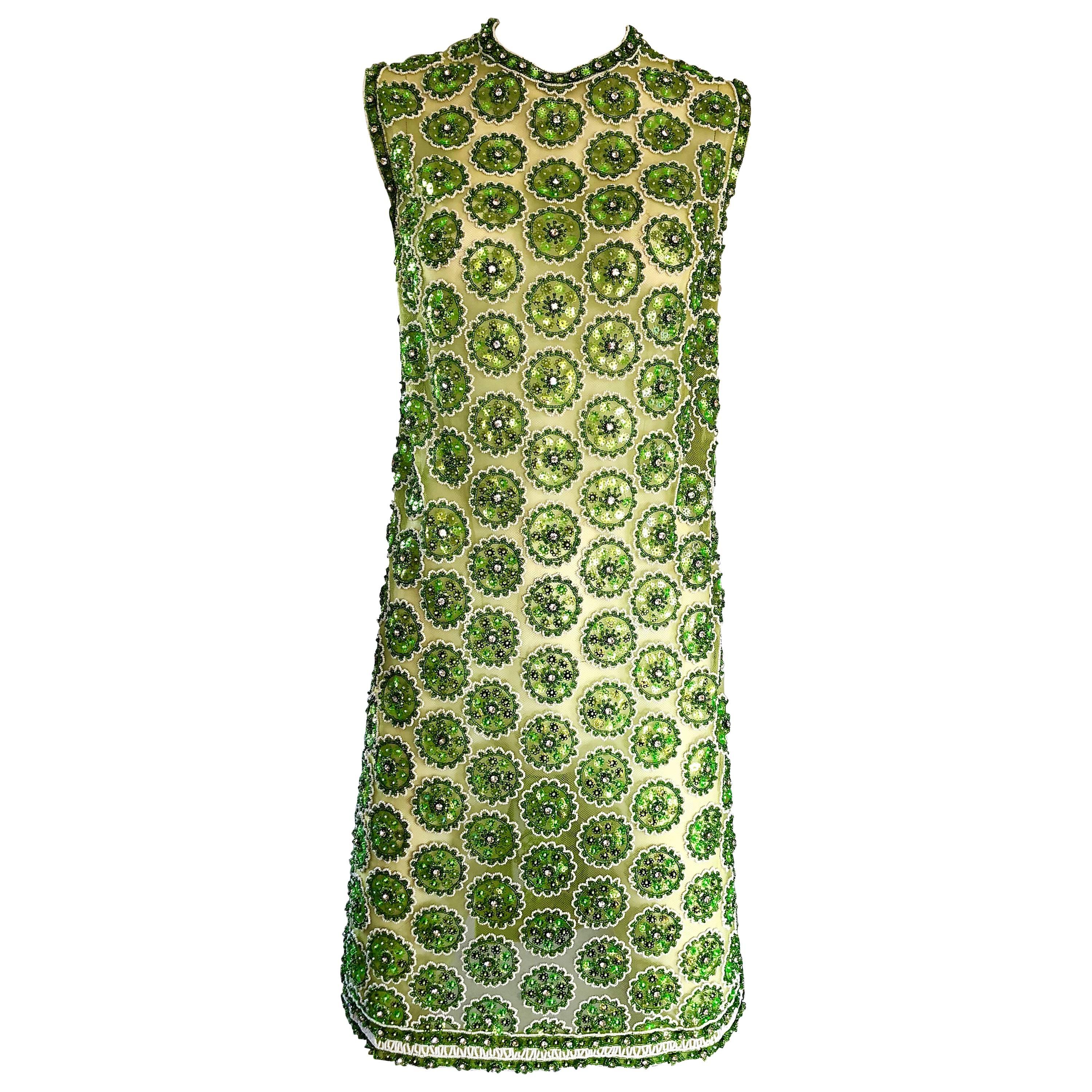 1960s Lime Green Heavily Sequin Beaded Demi Couture Mesh 60s Vintage ...