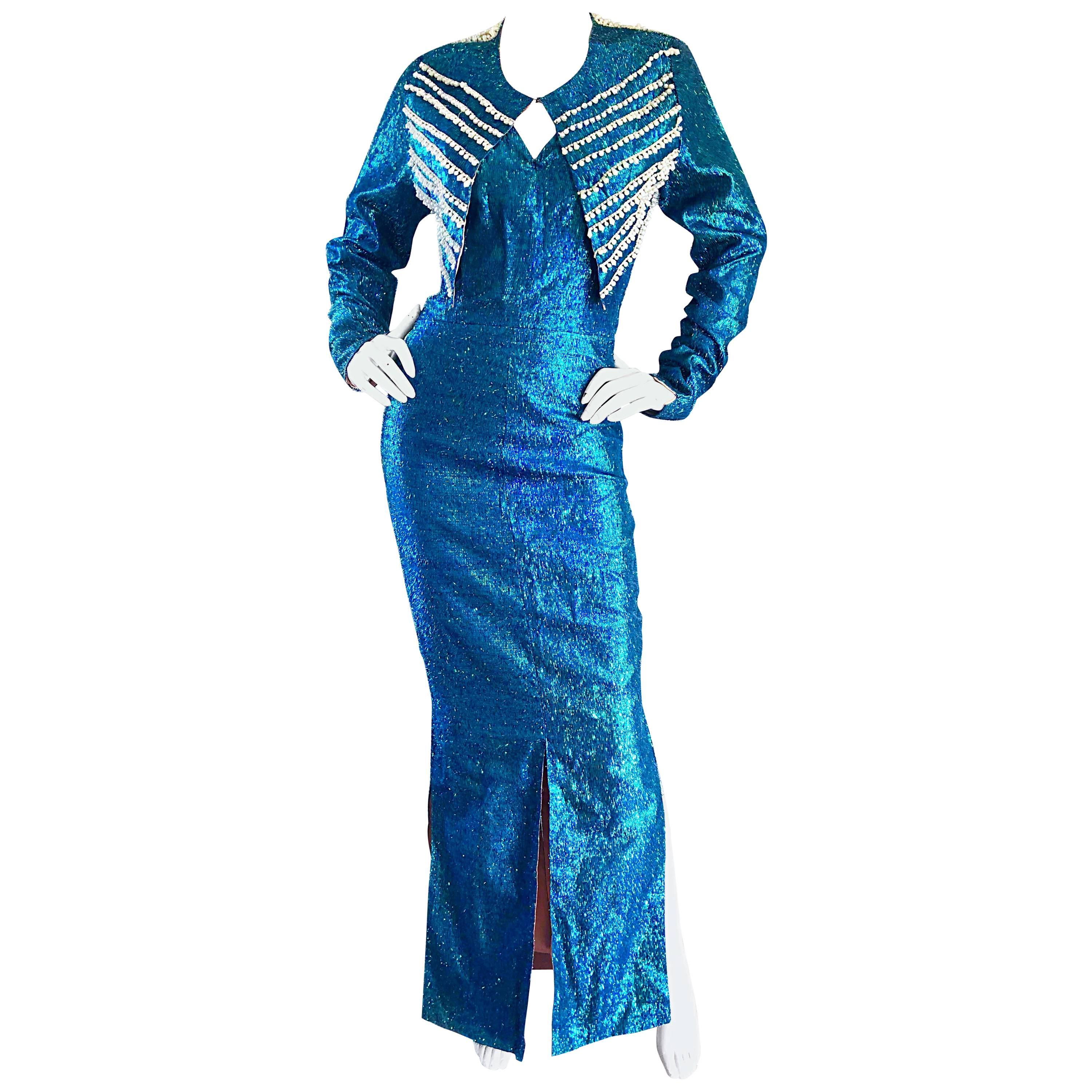 1950s Cerulean Blue Silk Lurex Showgirl Mermaid Gown + Bolero Beaded Jacket Set  For Sale