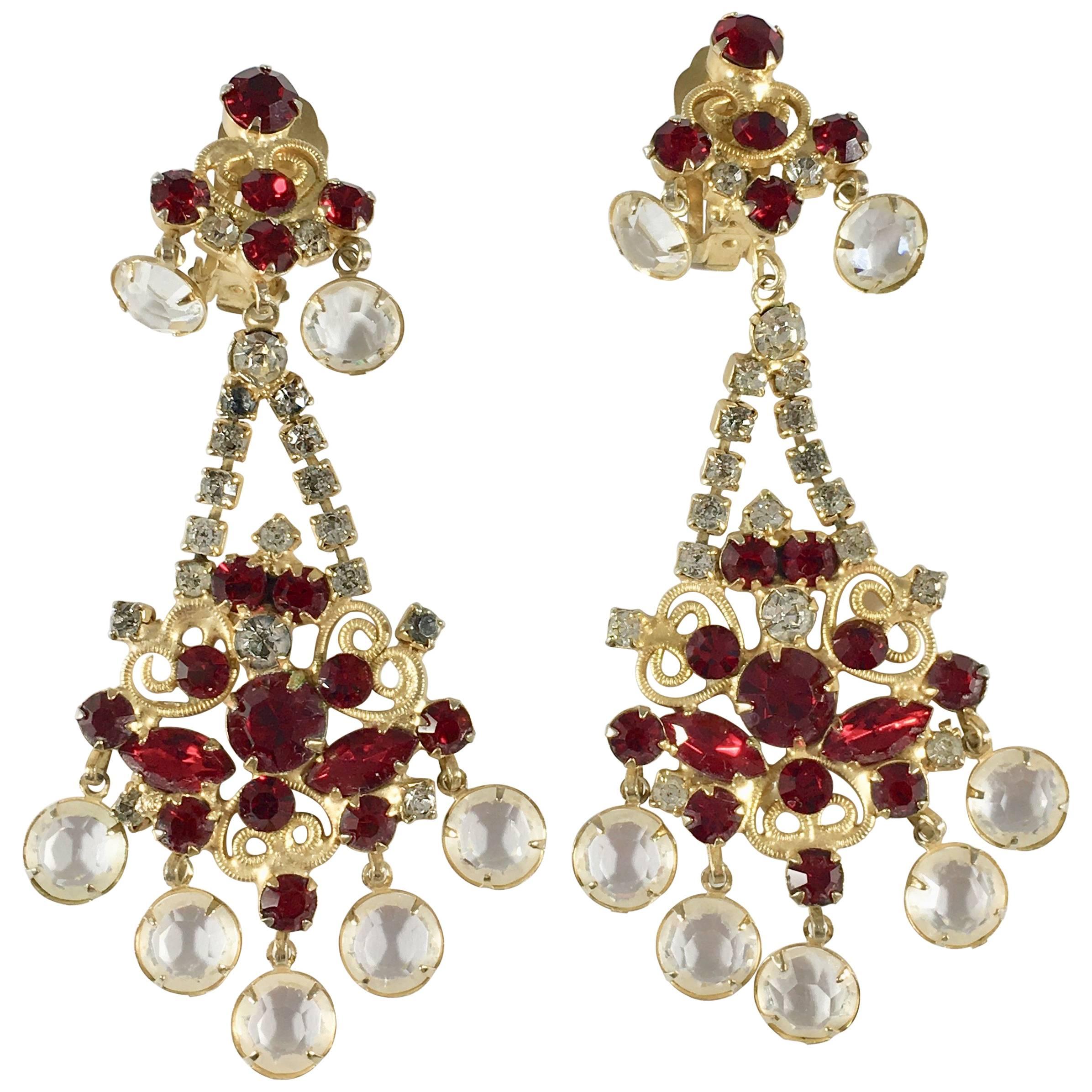 Kenneth Jay Lane Chandelier Earrings Red and Clear Crystals 1960s For Sale
