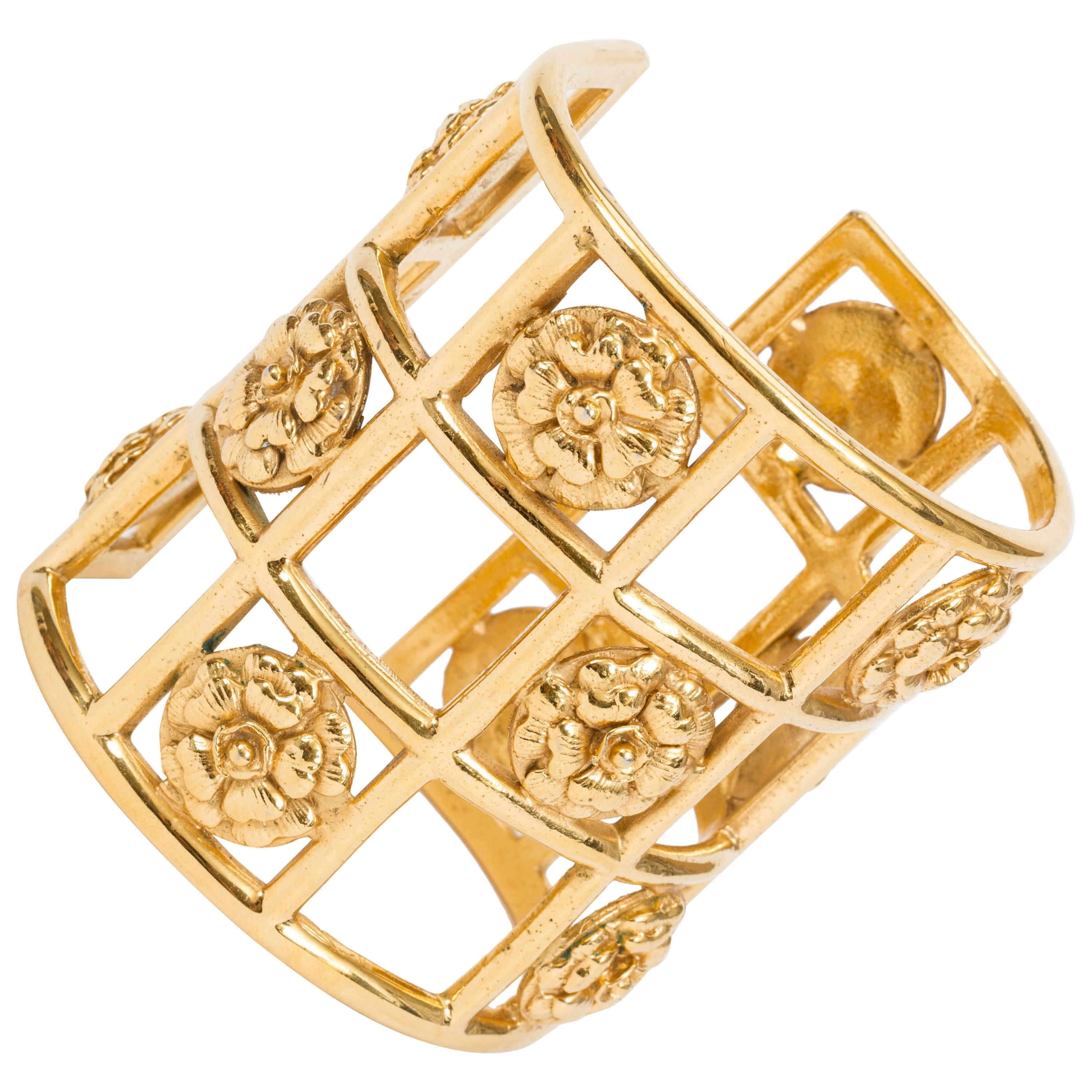 Chanel Rare 1970's Camellia Flower Gold Cage Cuff Bracelet