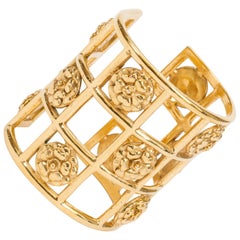 Chanel Rare 1970's Camellia Flower Gold Cage Cuff Bracelet