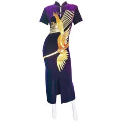 Amazing Retro Purple Velvet Gold Sequin Rooster Asian Bodycon Cheongsam Dress
