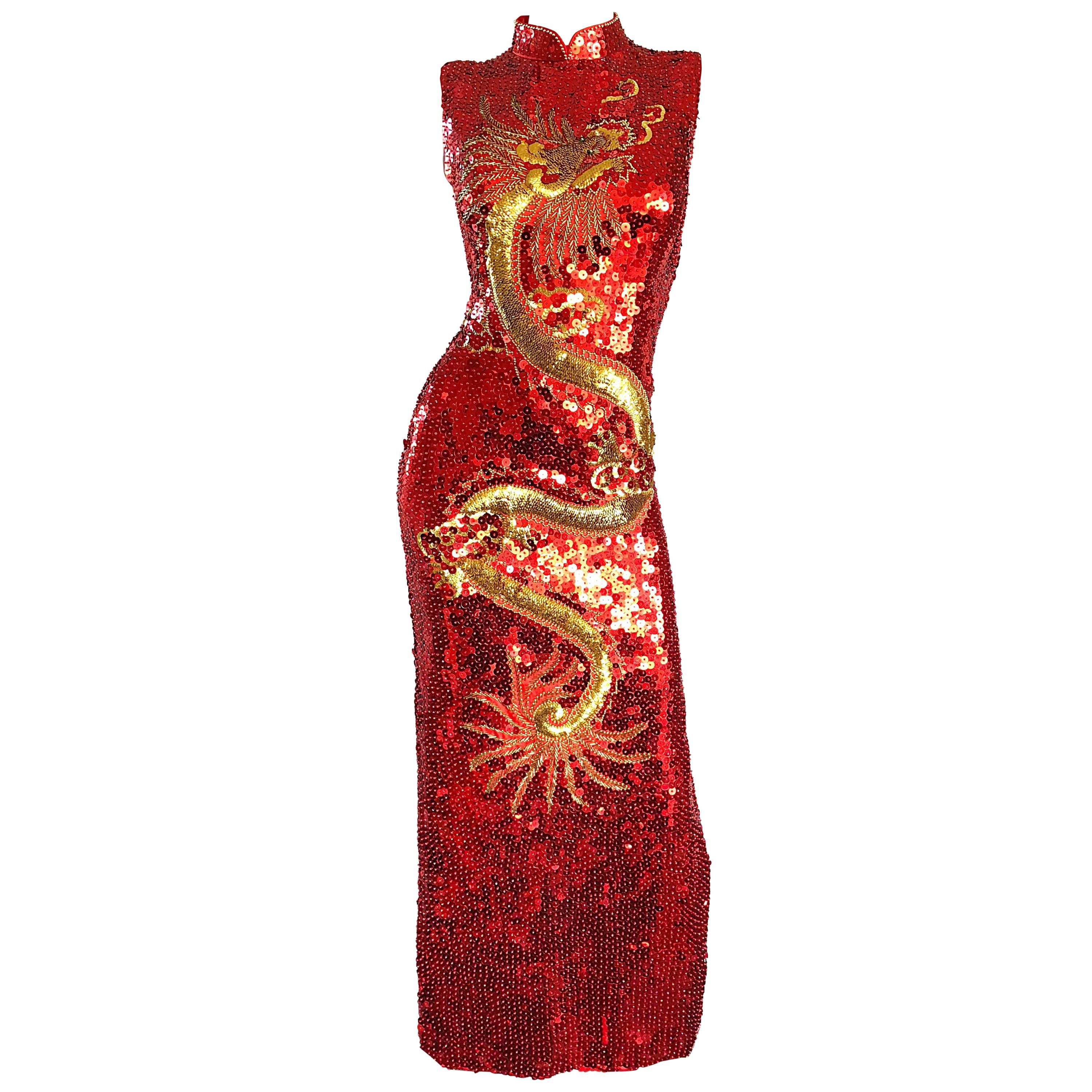 Vintage Red and Gold Fully Sequined Dragon + Cloud Print Novelty Cheongsam Gown