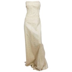 1990er Nicole Miller Trägerloses Elfenbeinfarbenes Jacquard-Kleid