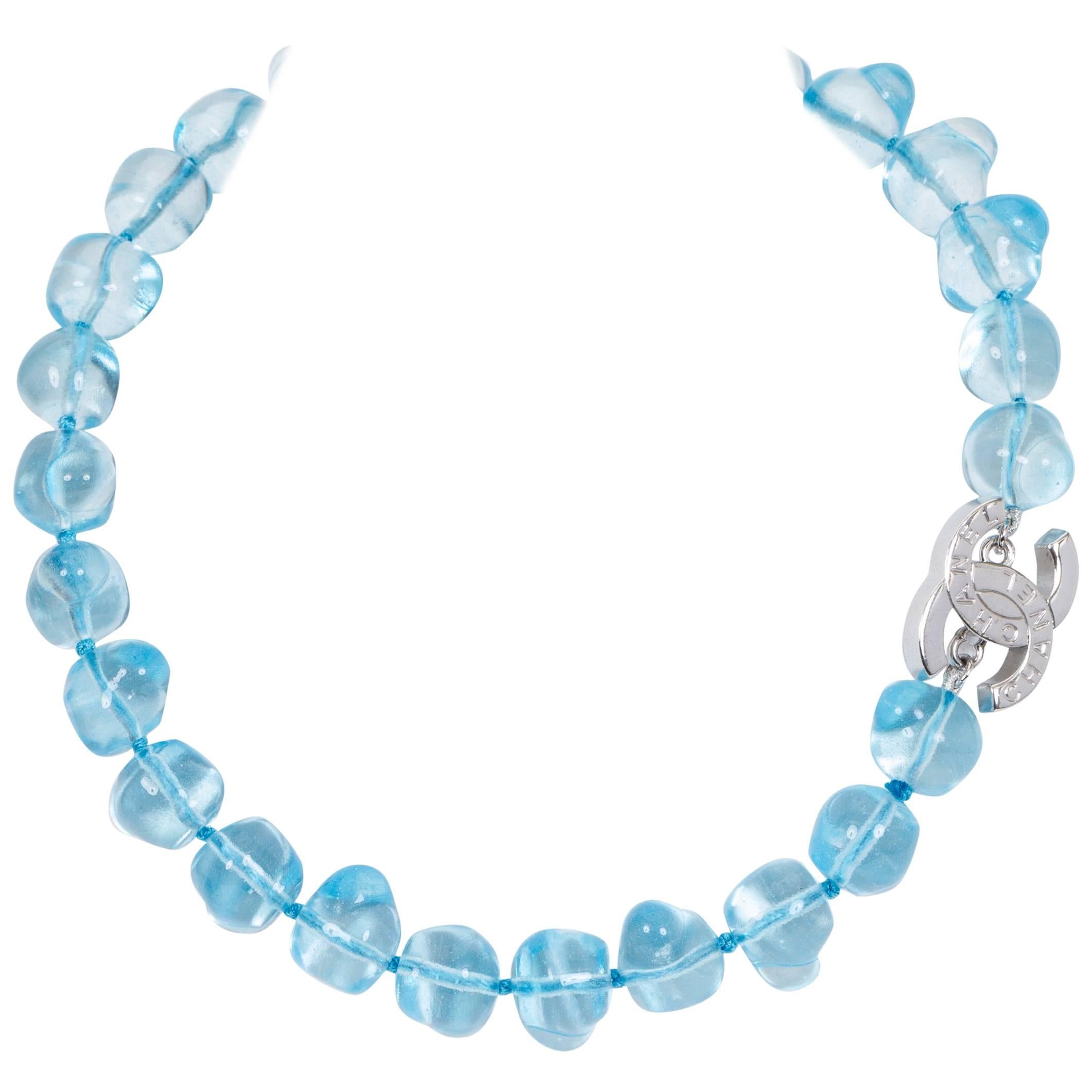 Chanel Celeste Blue Gripoix Choker Necklace with CC Logo Clasp