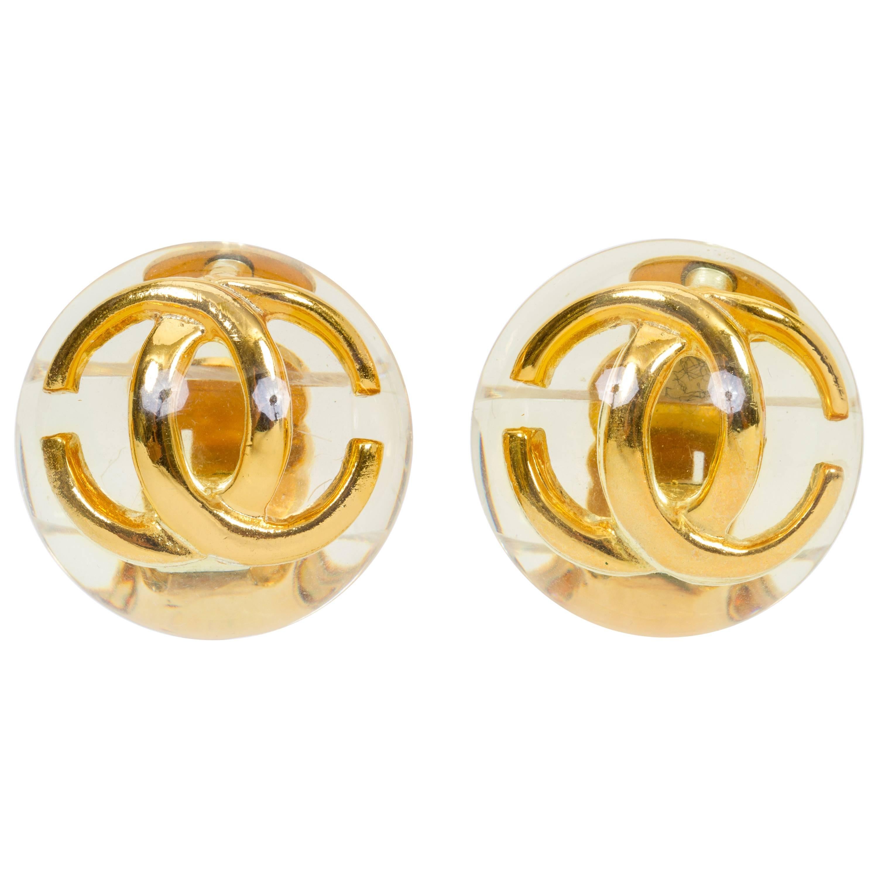 Chanel Vintage 1980's CC logo Lucite Clip Earrings