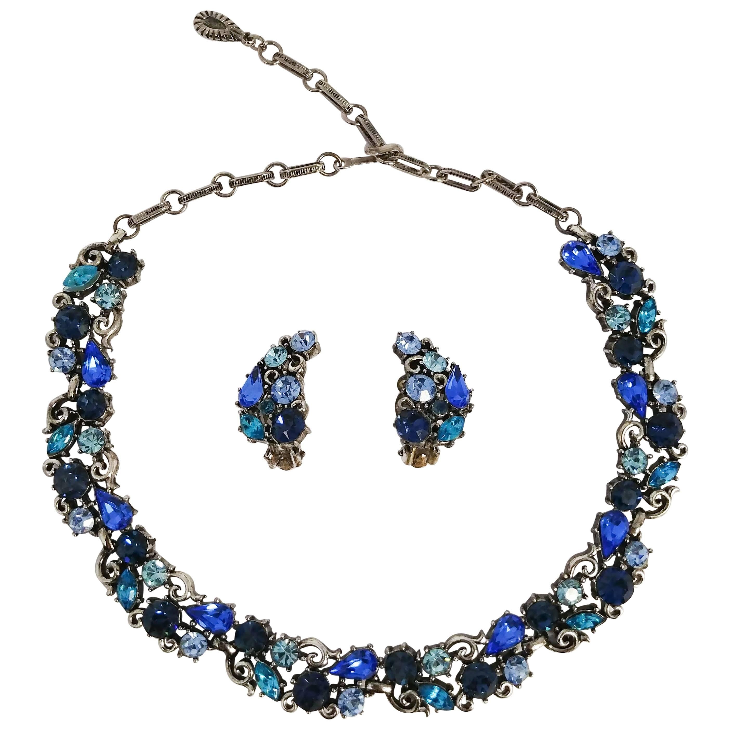 1960s Lisner Aqua Rhinestone Necklace & Clip-On Earring Set