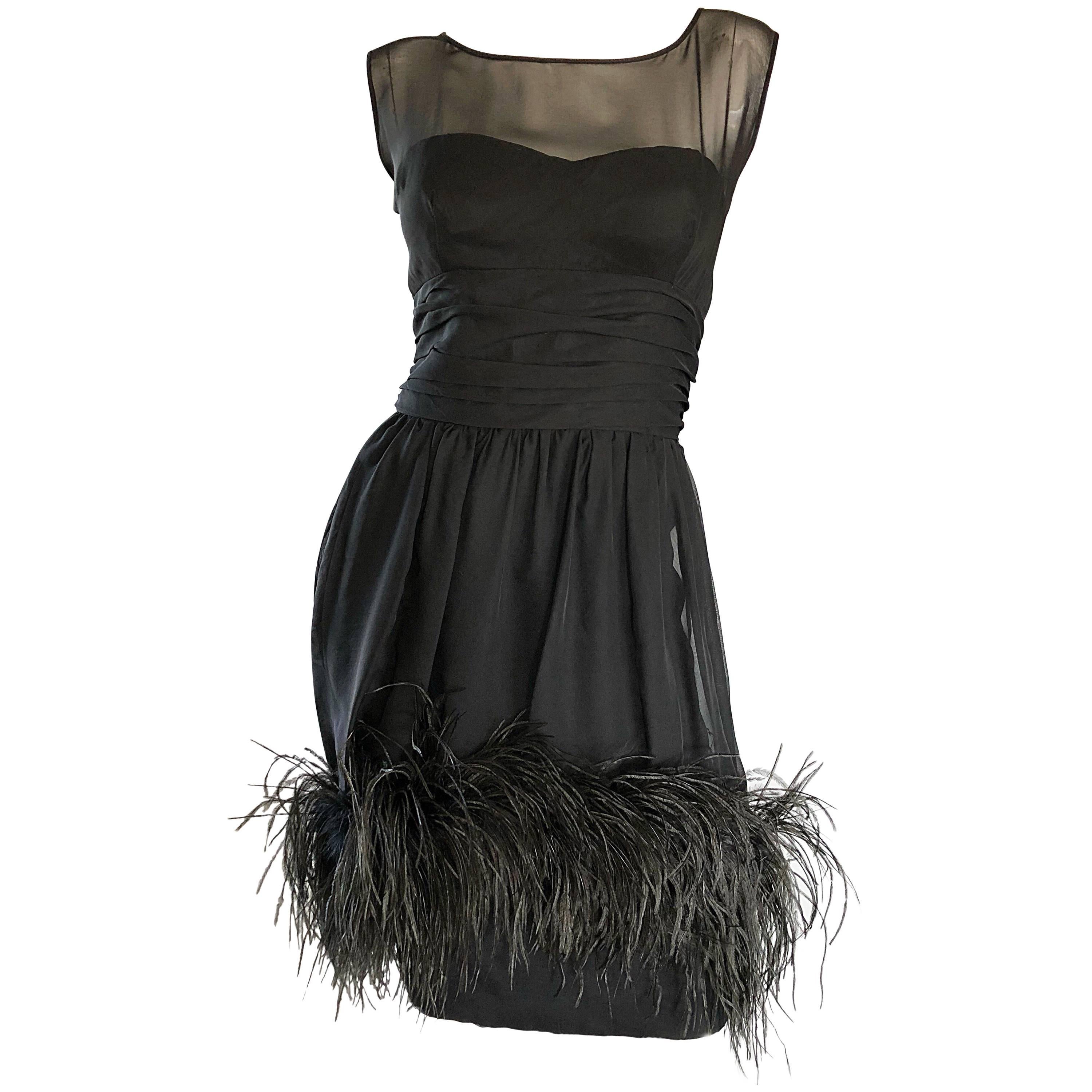 Ferman O'Grady 1950s Demi Couture Black Silk Chiffon Feather 50s Vintage Dress For Sale