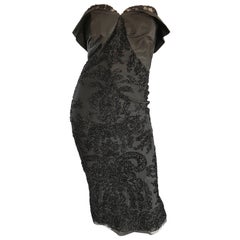 Gorgeous 1950s Couture Black Silk Metallic Strapless 50s Wiggle Dress w/ Train
