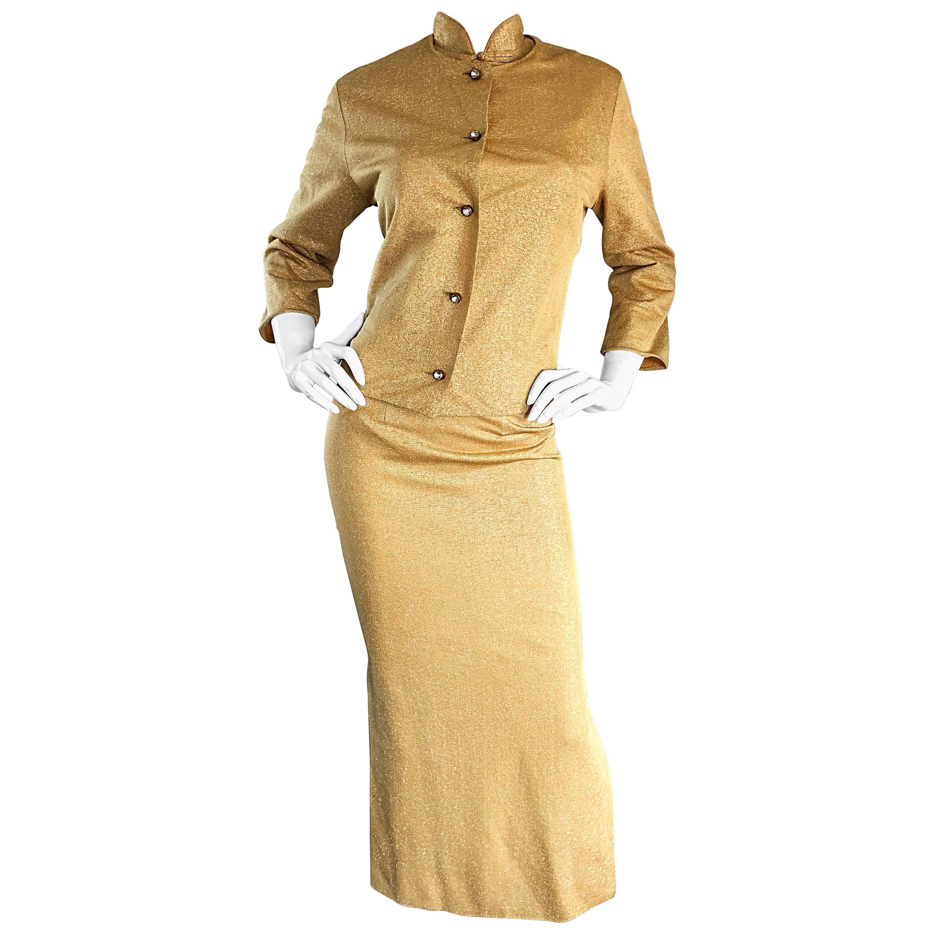 1960s Alfred Shaheen Gold Jersey Metallic Cheongsam 60s Dress and Cardigan Set