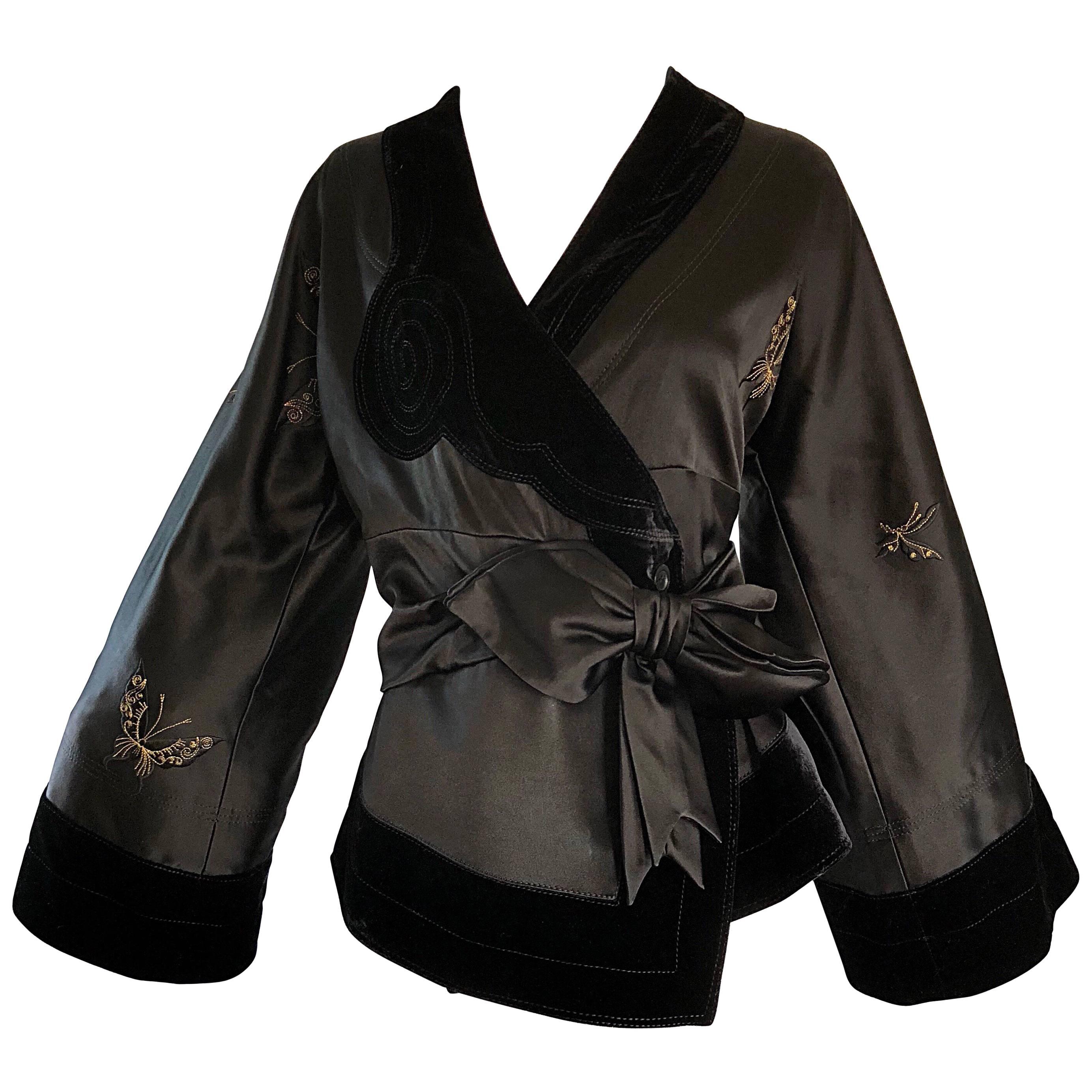 New John Galliano Black Silk Satin Size 12 Kimono Jacket w/ Gold Butterflies 
