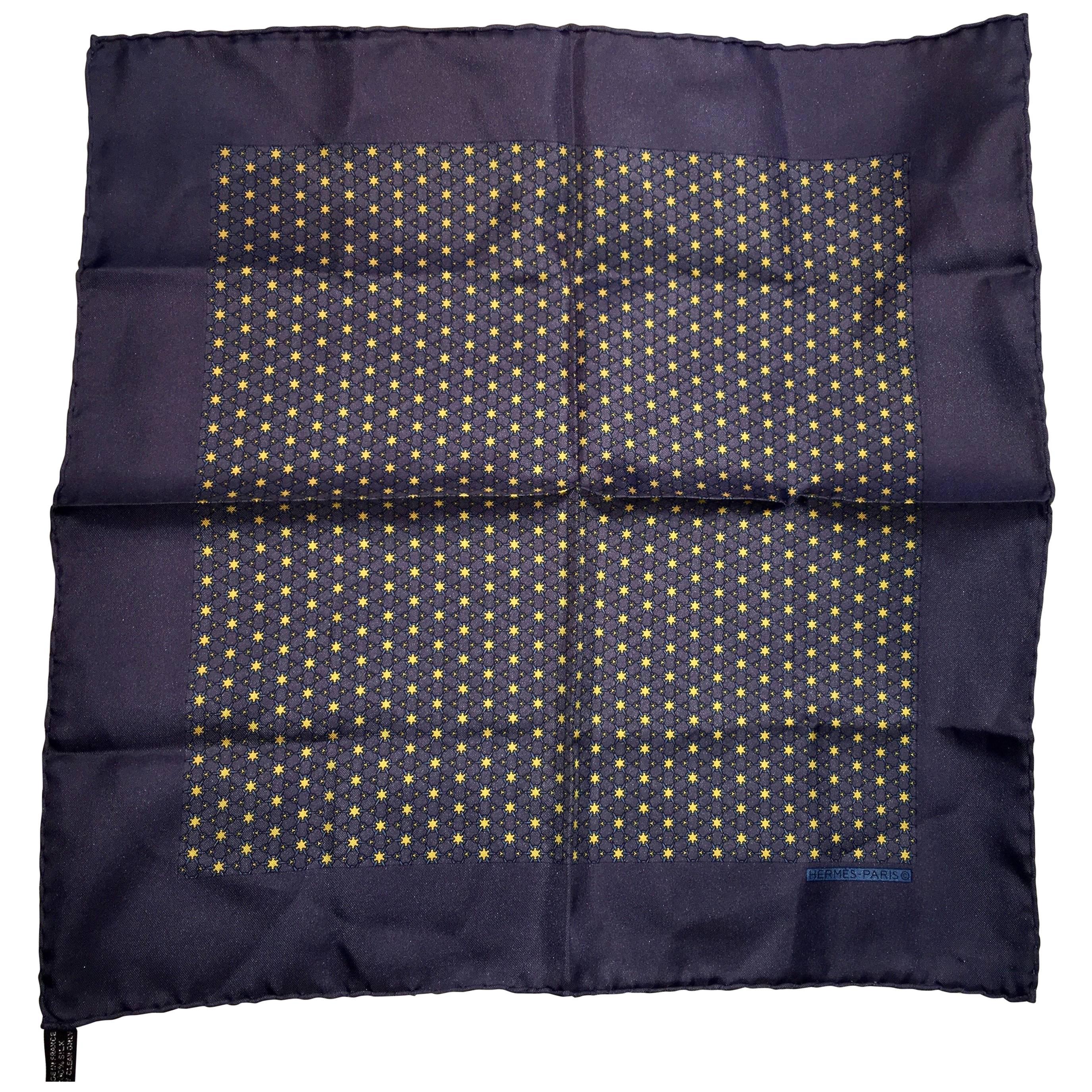 Hermes Midnight Blue pocket square  scarf with stars  For Sale