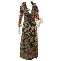 1960s Mr. Frank Paisley and Gold Lame Maxi Dress w Ruffles and Leather Detail