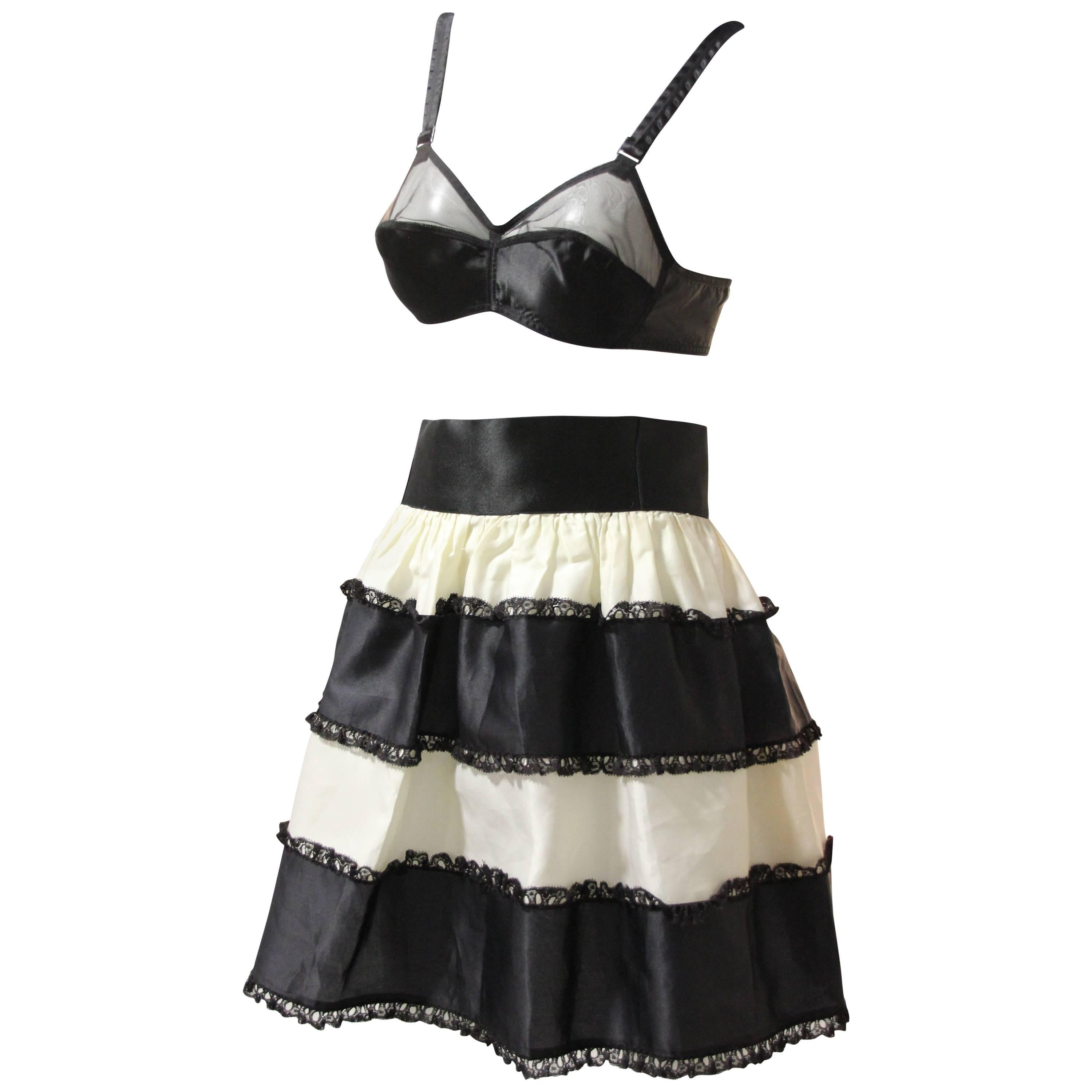 1950s French Maid Ensemble - Bra w Tiered Organza Black and White Petticoat