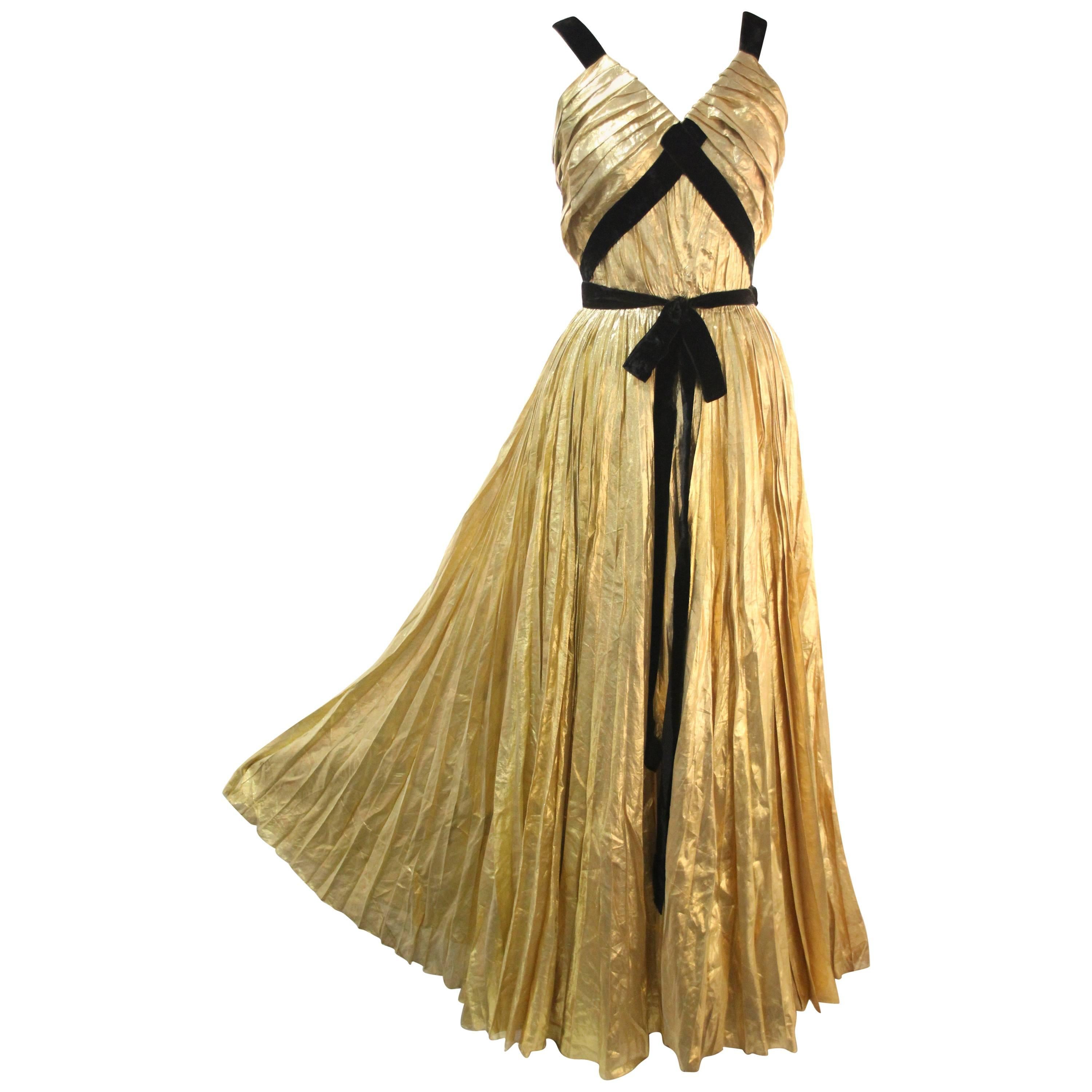 1940s Max - Madrid Sunburst Pleated Gold Foil Goddess Gown w Velvet Straps