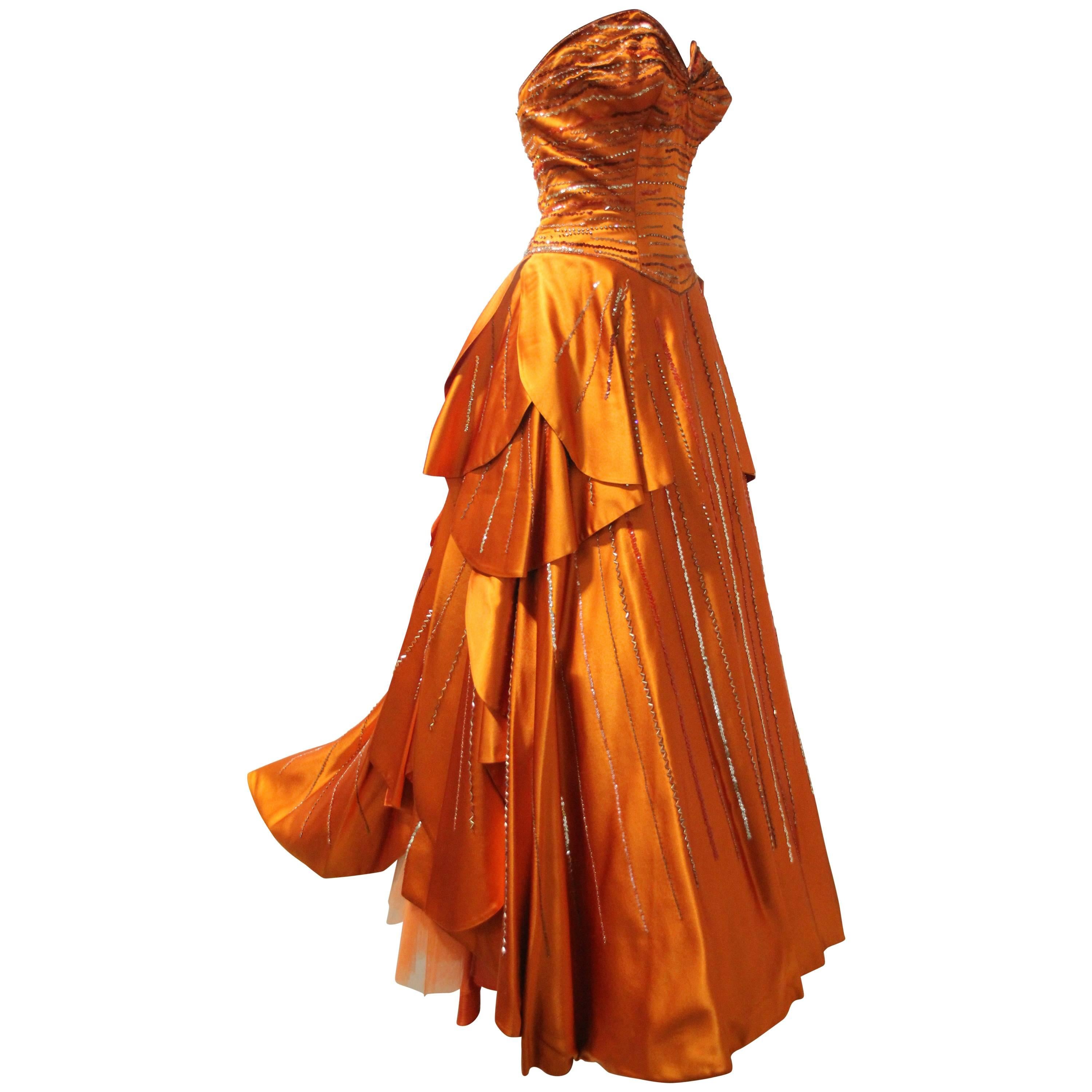 1950s MGM Mme. Etoile by Irene Sharaff Couture Ball Gown in Deep Persimmon Silk