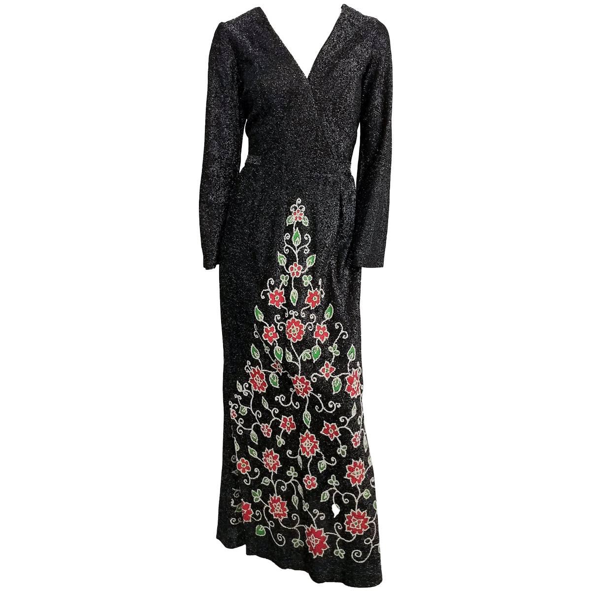 1970s Black Lamé Jersey Maxi Dress  For Sale