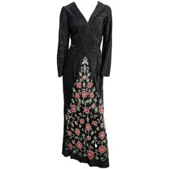 Robe longue en jersey lamé noir des années 1970 