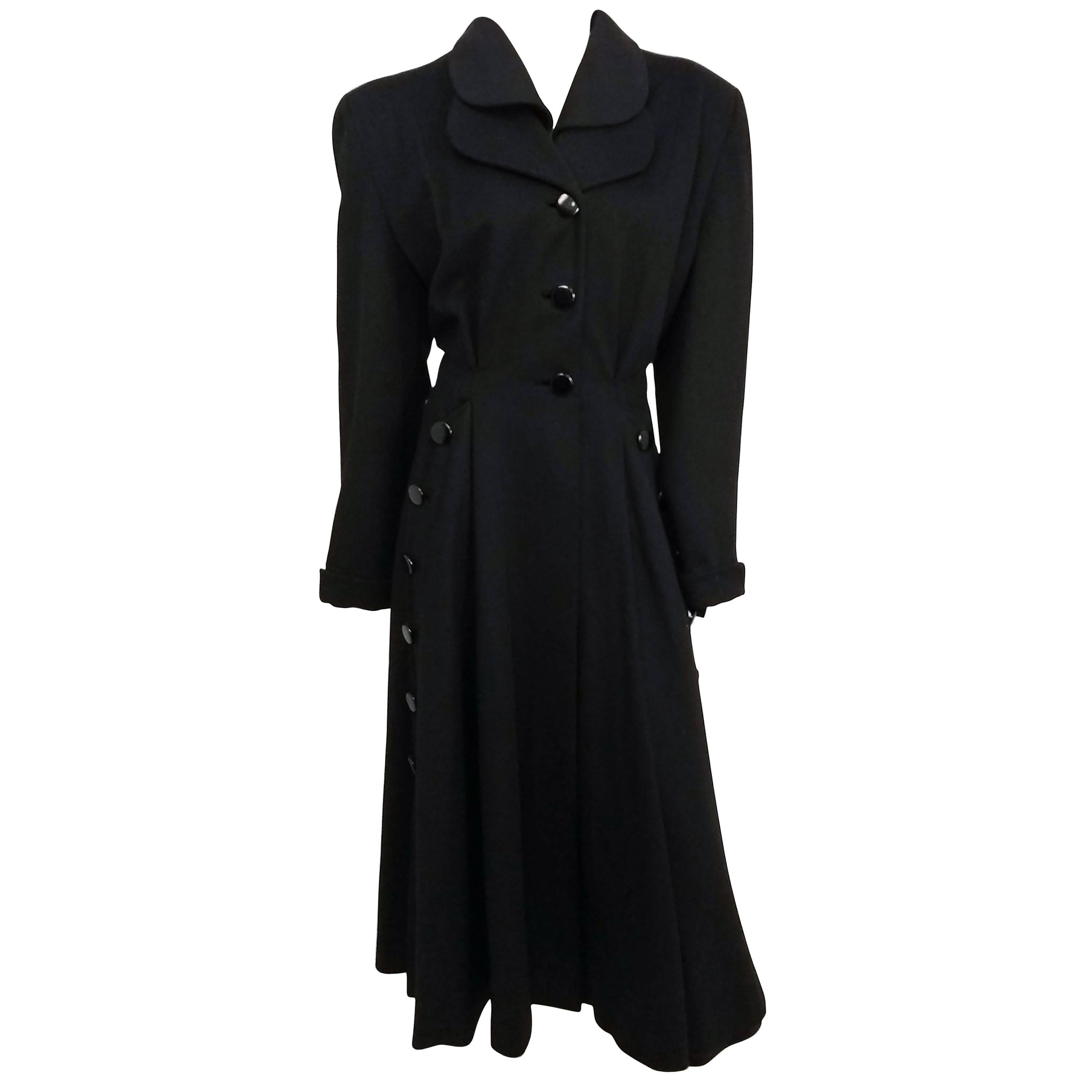 1940s Black Long Wool Noir Coat 
