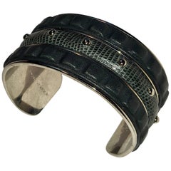 Tod's Lizard Leather Silver Cuff Bracelet