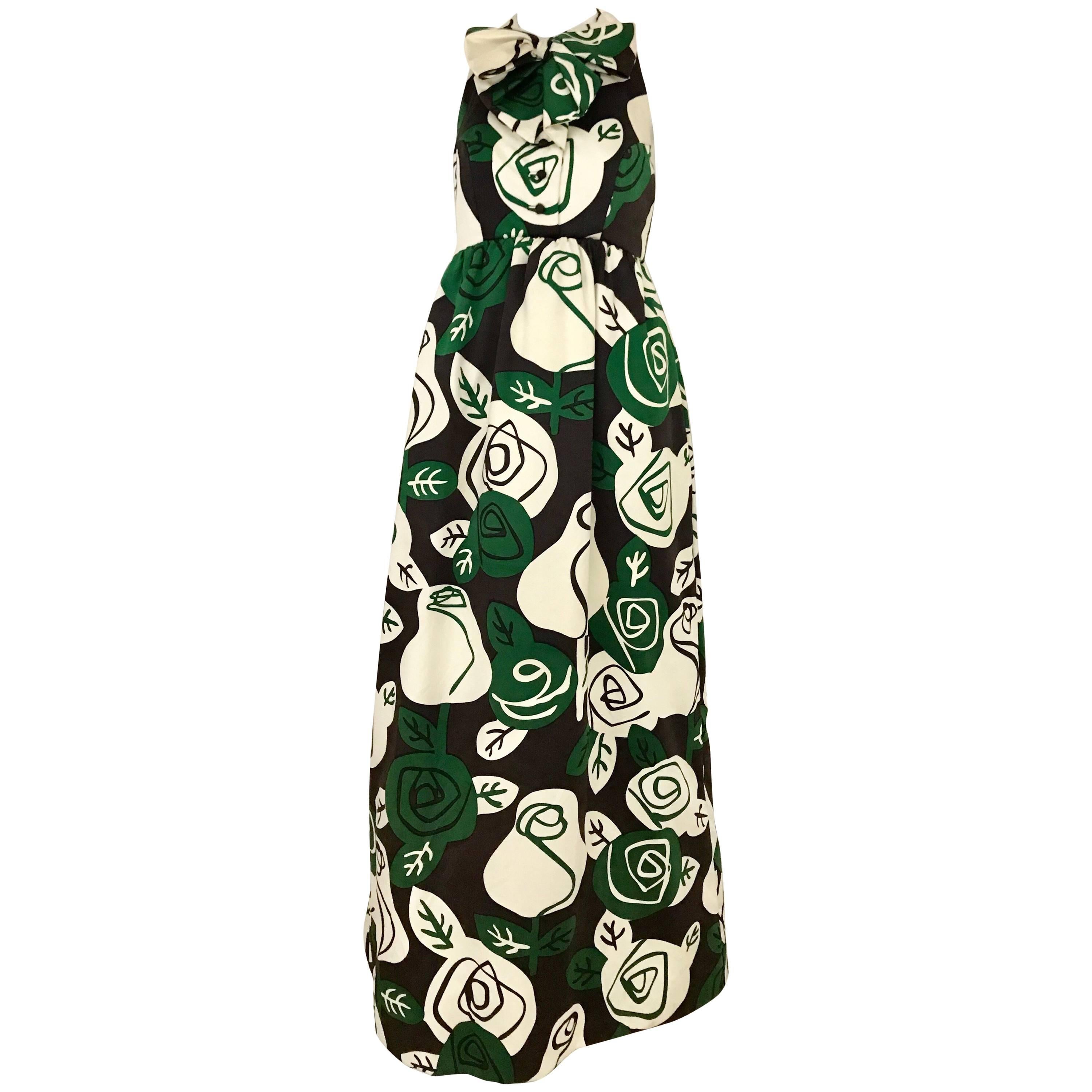 1960s Geoffrey Beene Green and White Floral Print Sleeveless Maxi Dress with Bow