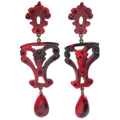 Dominique Denaive Paris Signed Oxblood Resin Dangling Baroque Clip on Earrings